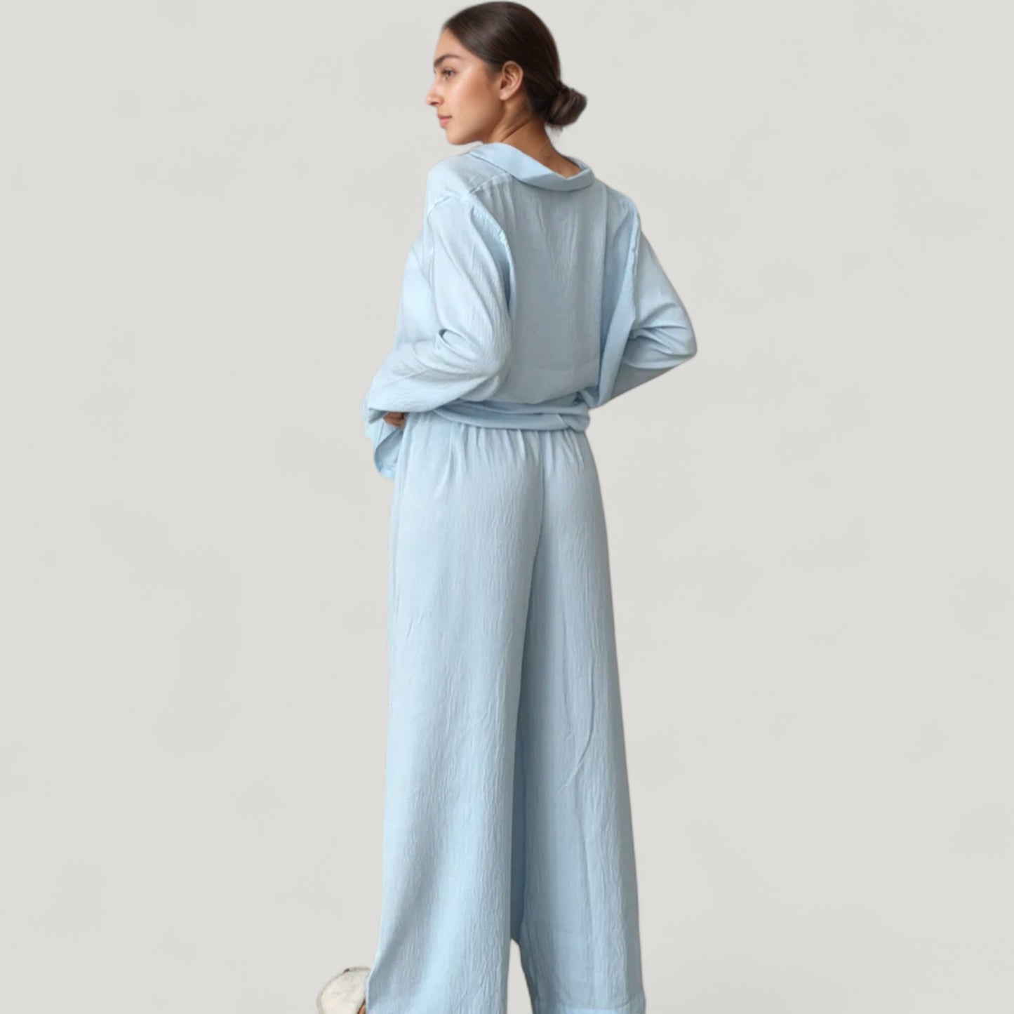 Anna-Kaci Lounge Women's Textured Button Down Pajama Set with Relaxed Fit Long Sleeve Shirt and Wide Leg Pants