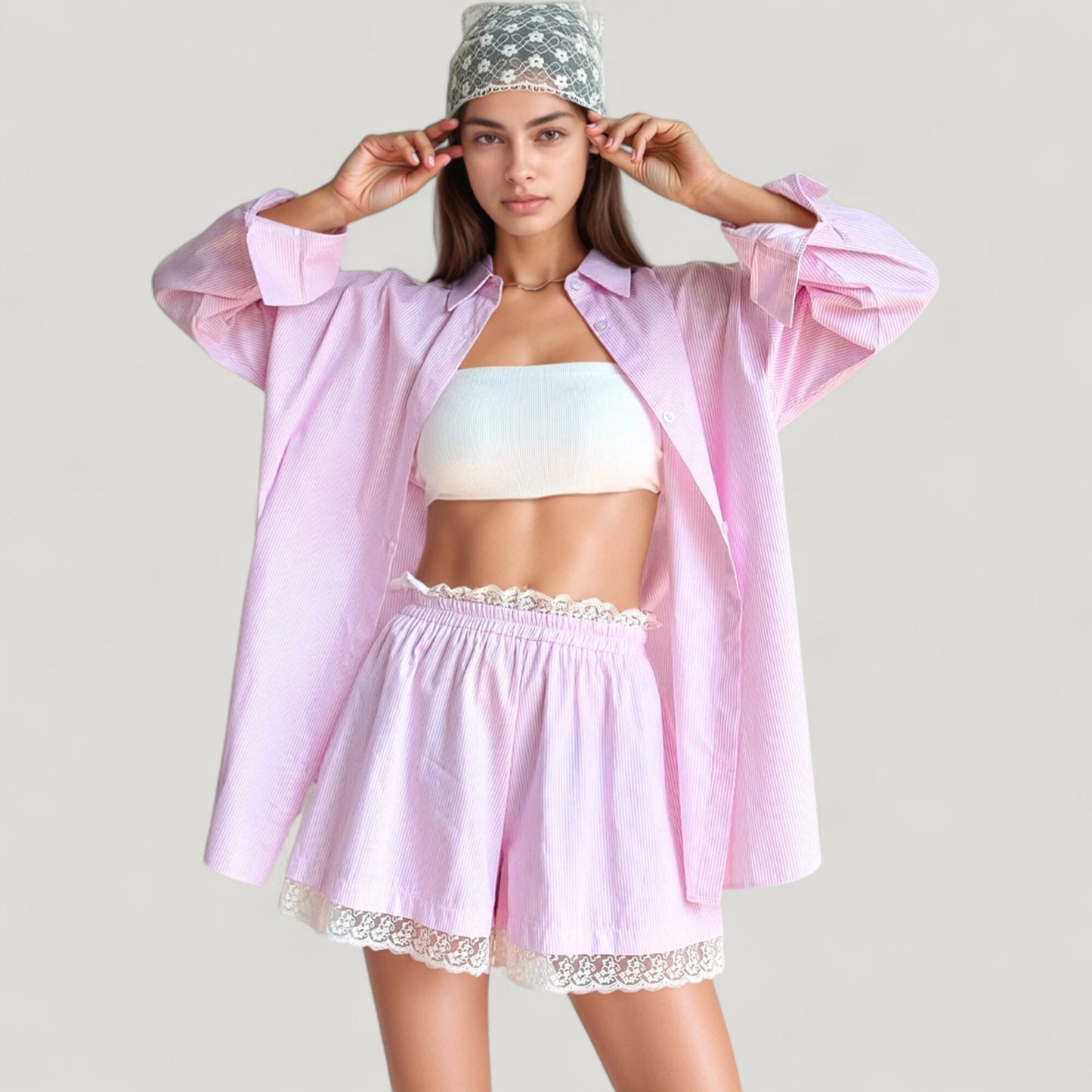 Anna-Kaci Lounge Women's Woven Pajama Set with Oversized Button Down Shirt and Lace Trim Elastic Waist Shorts