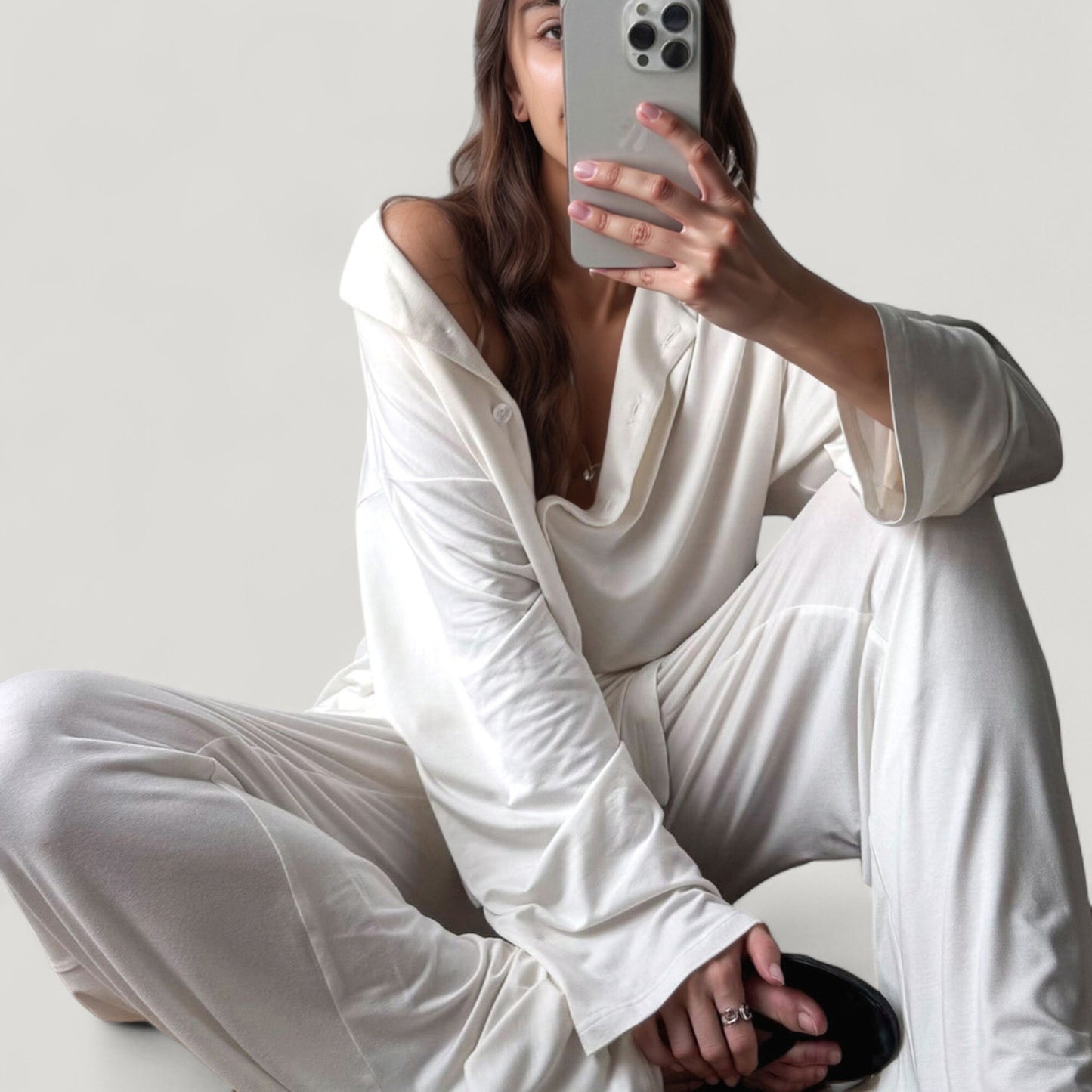 Anna-Kaci Lounge Women's Silky Pajama Set with Button Down Shirt and Wide Leg Pants in Soft Draped Finish