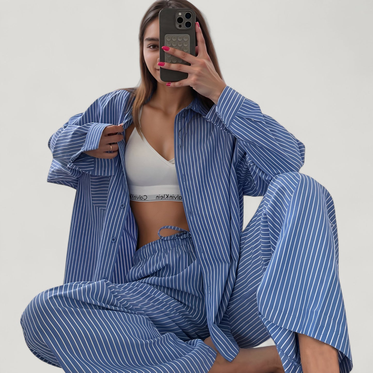 Anna-Kaci Lounge Women's Striped Button Down Pajama Set with Patch Pocket Shirt and Wide Leg Pants