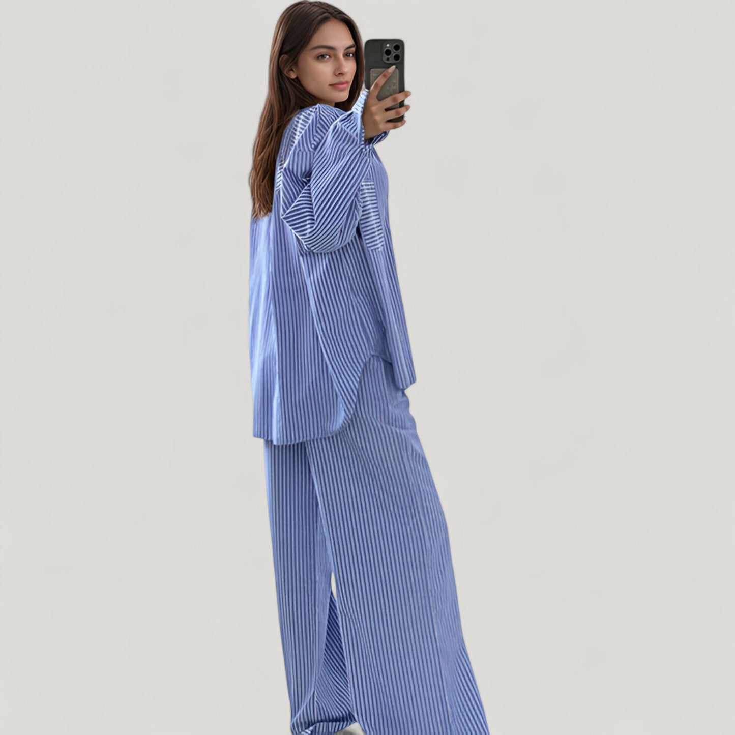 Anna-Kaci Lounge Women's Striped Button Down Pajama Set with Patch Pocket Shirt and Wide Leg Pants