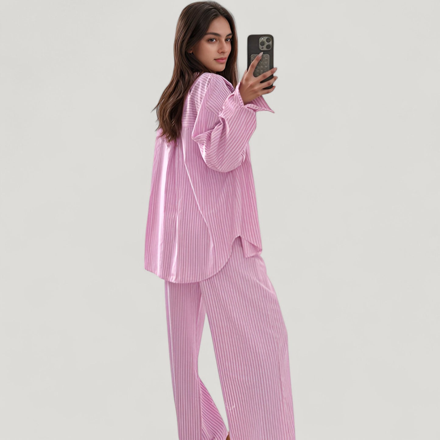 Anna-Kaci Lounge Women's Striped Button Down Pajama Set with Patch Pocket Shirt and Wide Leg Pants