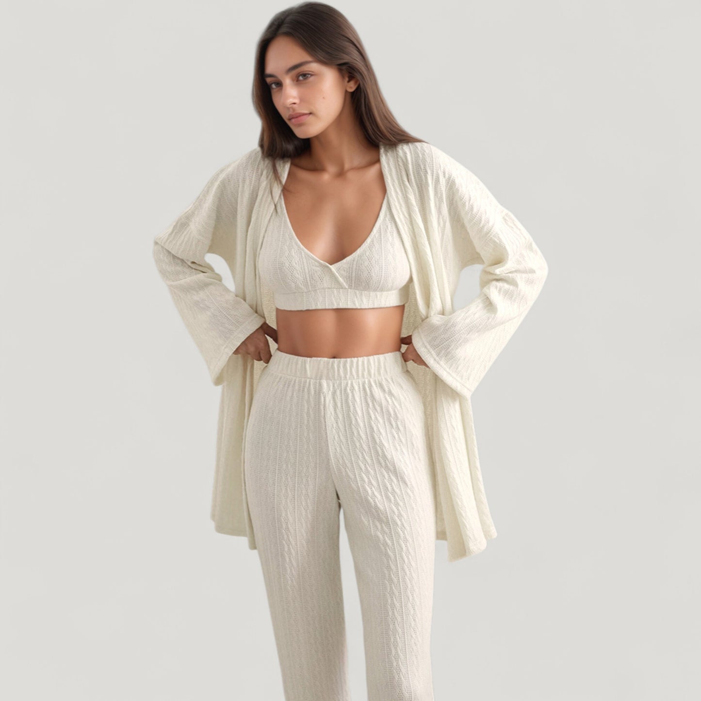 Anna-Kaci Lounge Women's 3-Piece Pajama Set with Textured Woven Knit Bra Top Open Cardigan and High Waist Pants