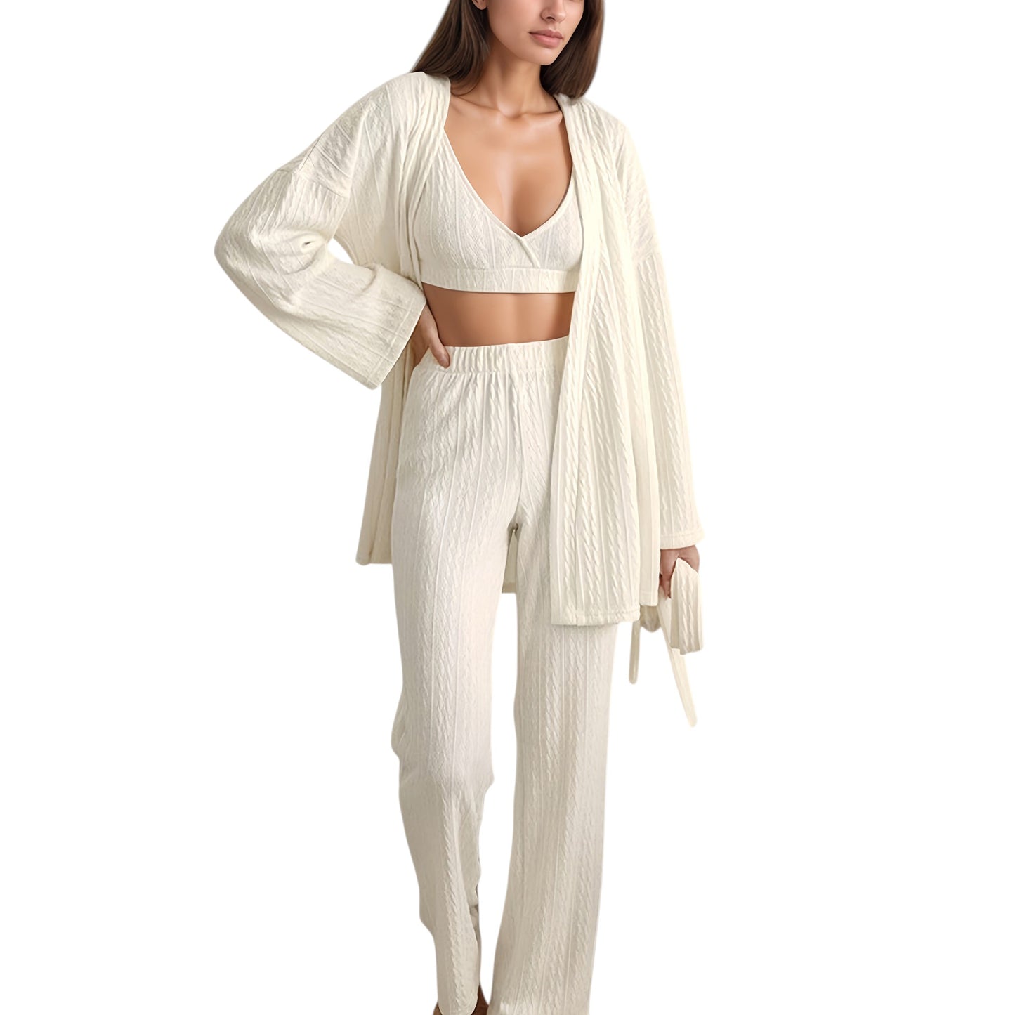 Anna-Kaci Lounge Women's 3-Piece Pajama Set with Textured Woven Knit Bra Top Open Cardigan and High Waist Pants