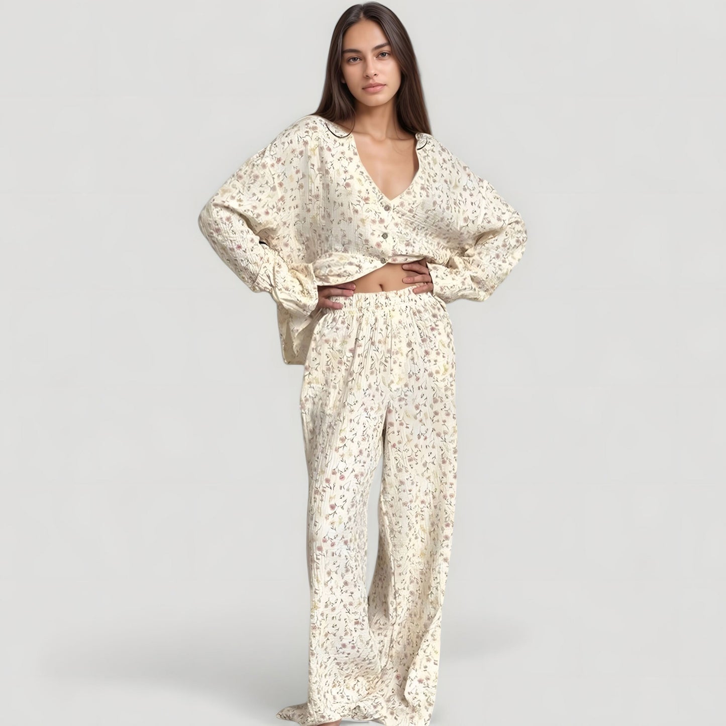 Anna-Kaci Lounge Women's Floral Print Woven Pajama Set with V-Neck Button Down Top and Wide Leg Elastic Waist Pants