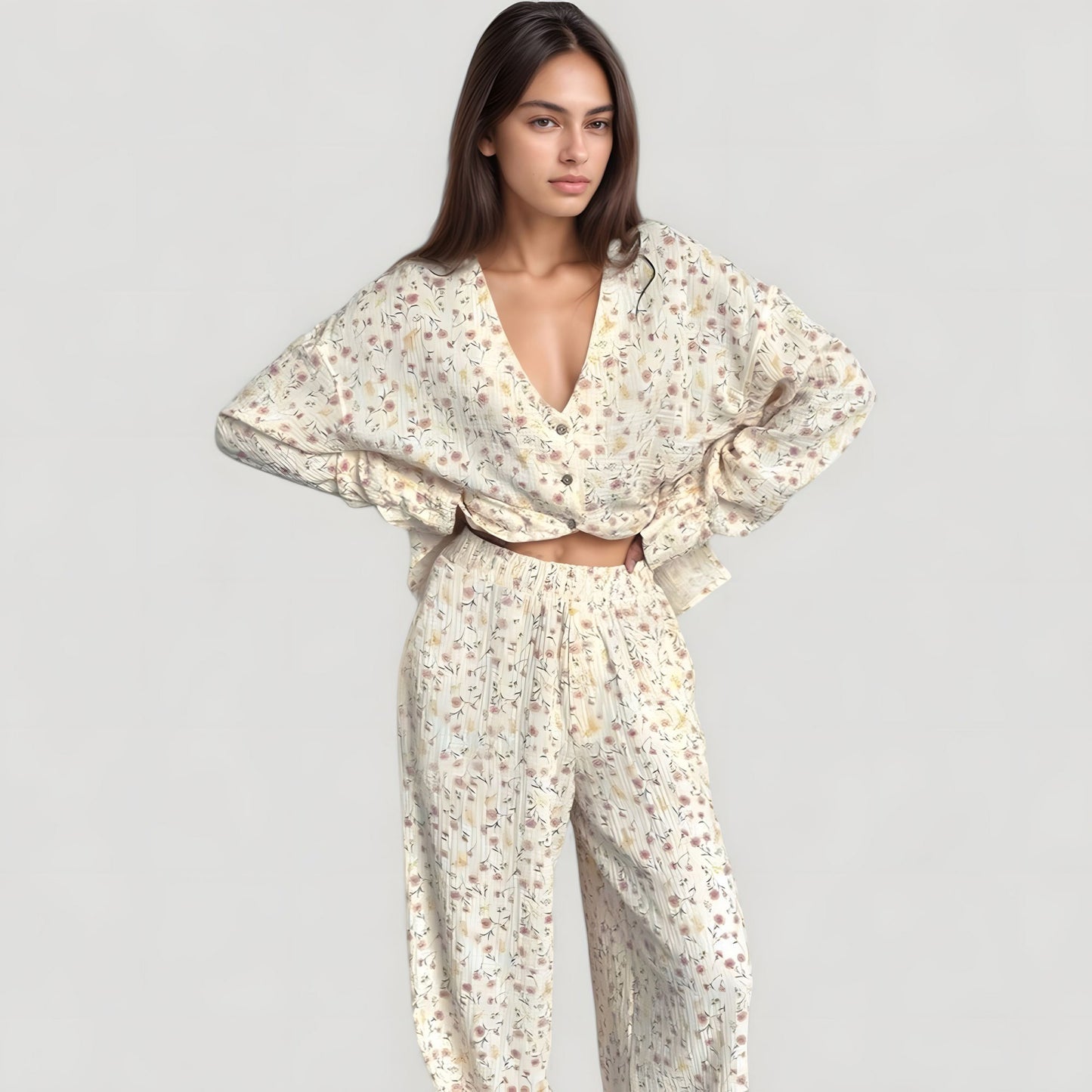 Anna-Kaci Lounge Women's Floral Print Woven Pajama Set with V-Neck Button Down Top and Wide Leg Elastic Waist Pants