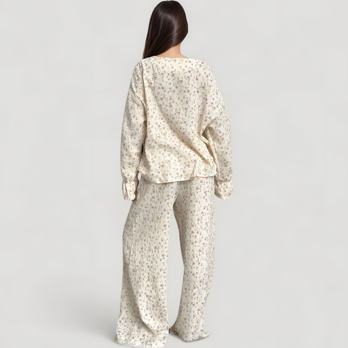 Anna-Kaci Lounge Women's Floral Print Woven Pajama Set with V-Neck Button Down Top and Wide Leg Elastic Waist Pants