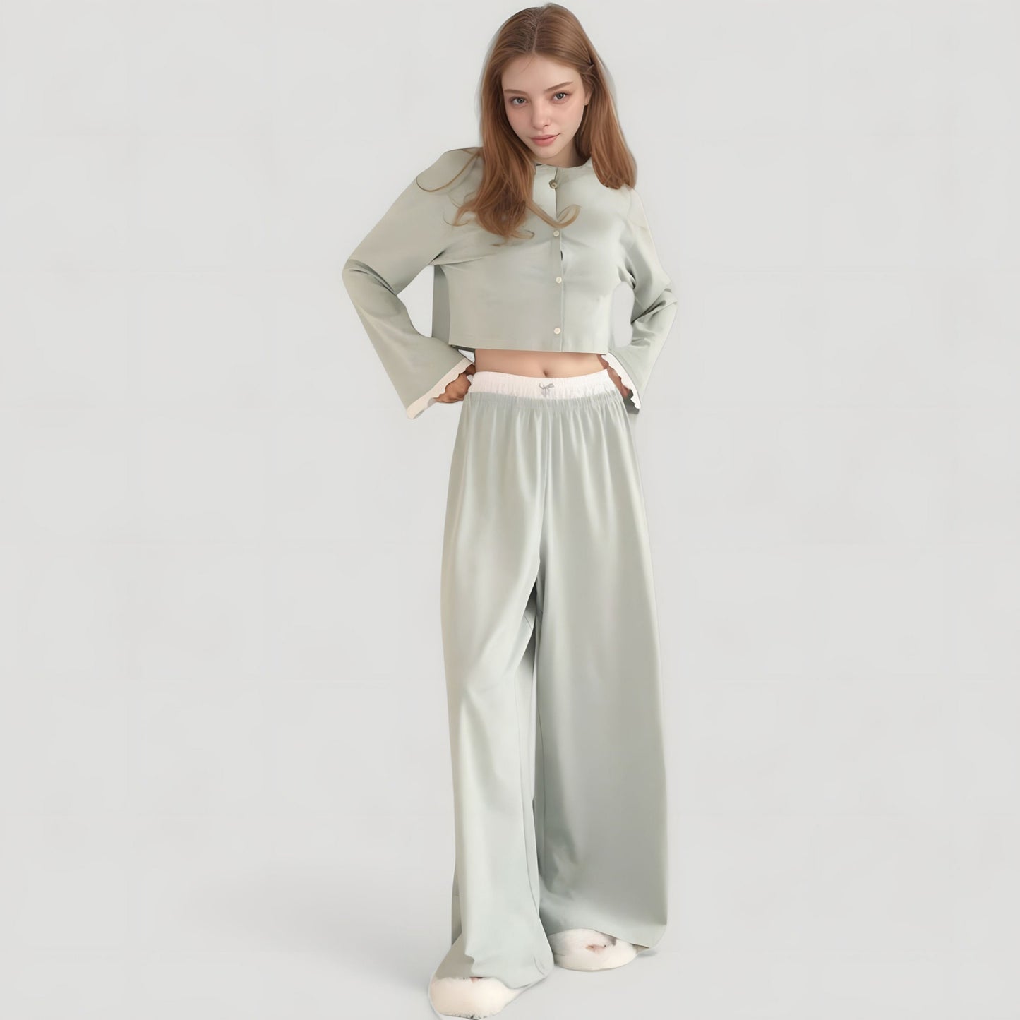 Anna-Kaci Lounge Women's Cropped Button-Up Long Sleeve Pajama Set with Contrast Trim and Wide Leg Pants