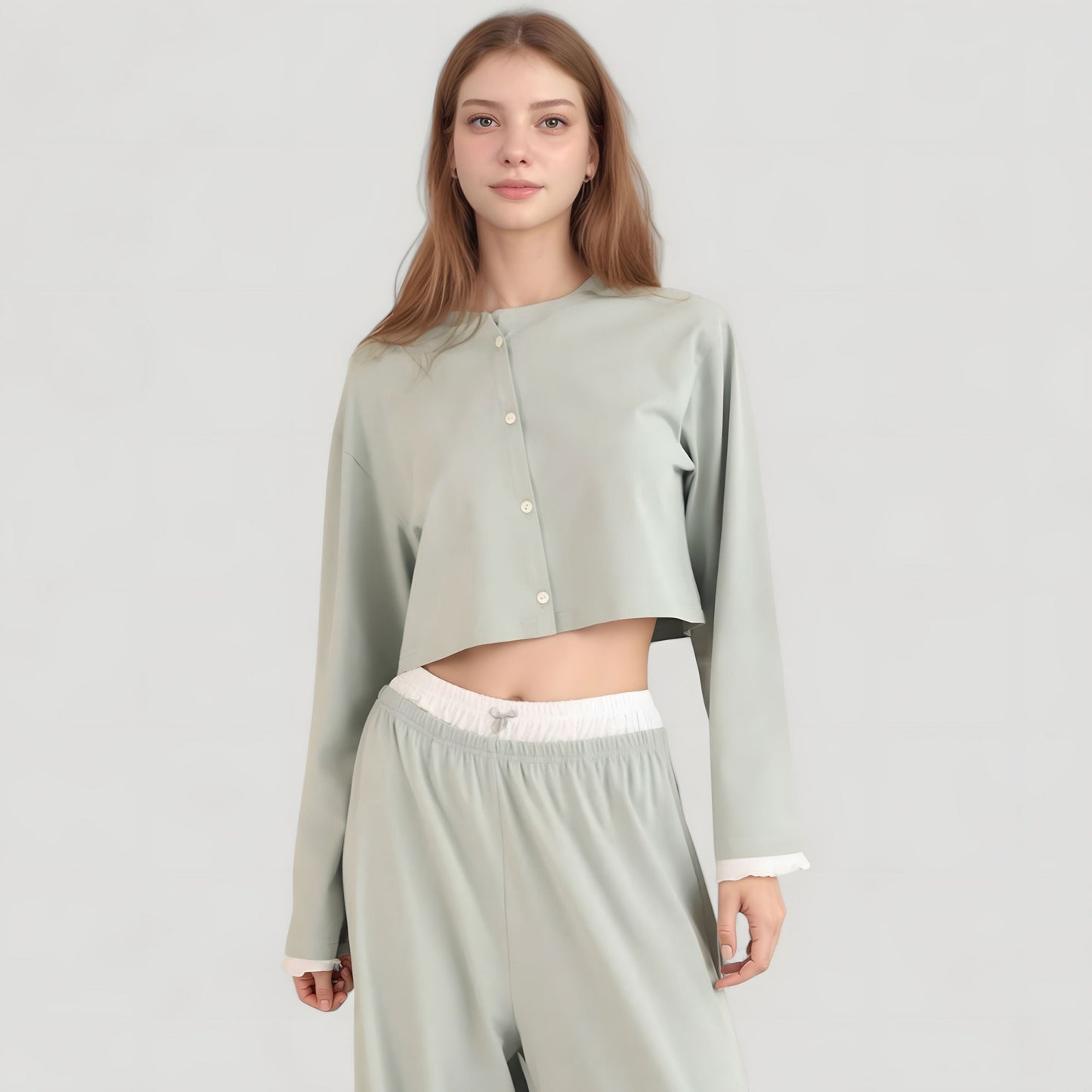 Anna-Kaci Lounge Women's Cropped Button-Up Long Sleeve Pajama Set with Contrast Trim and Wide Leg Pants