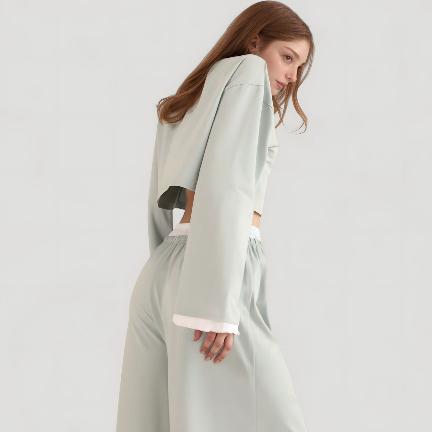 Anna-Kaci Lounge Women's Cropped Button-Up Long Sleeve Pajama Set with Contrast Trim and Wide Leg Pants