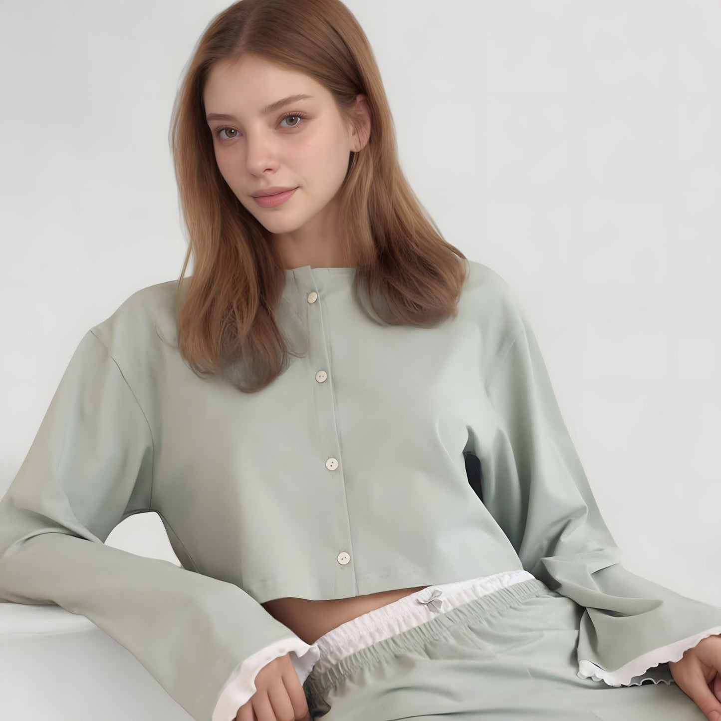 Anna-Kaci Lounge Women's Cropped Button-Up Long Sleeve Pajama Set with Contrast Trim and Wide Leg Pants