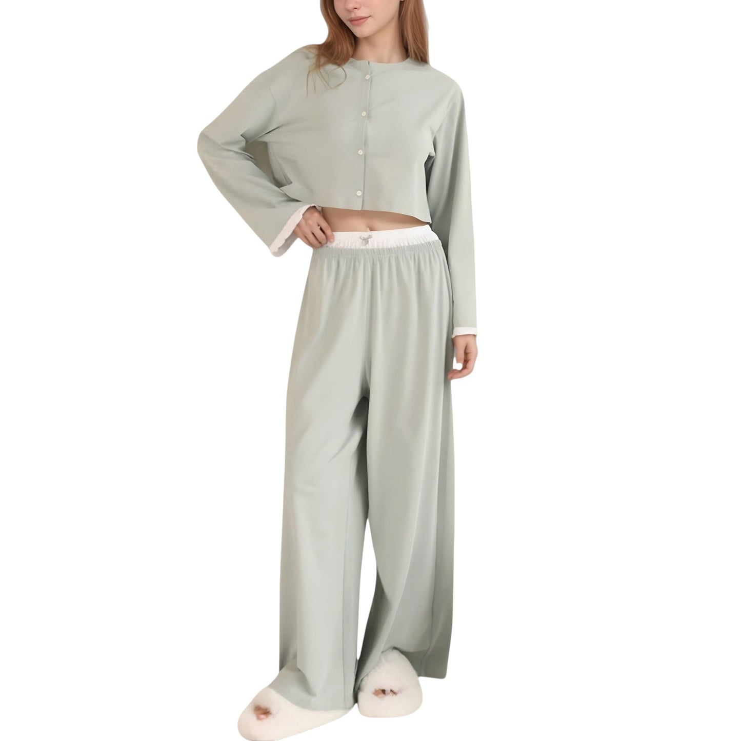 Anna-Kaci Lounge Women's Cropped Button-Up Long Sleeve Pajama Set with Contrast Trim and Wide Leg Pants