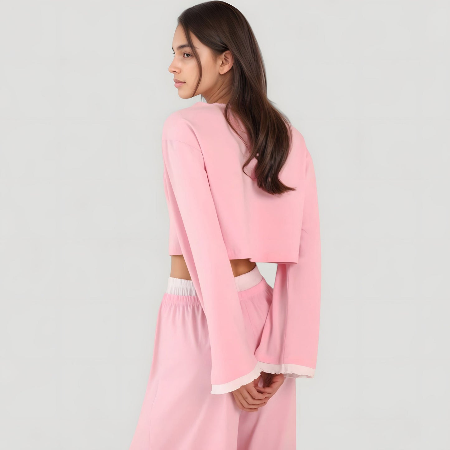 Anna-Kaci Lounge Women's Cropped Button-Up Long Sleeve Pajama Set with Contrast Trim and Wide Leg Pants