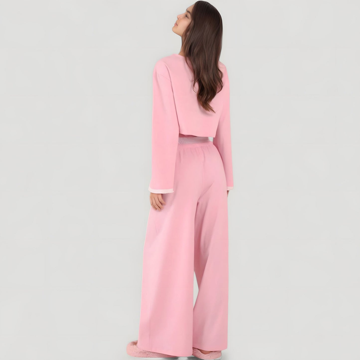 Anna-Kaci Lounge Women's Cropped Button-Up Long Sleeve Pajama Set with Contrast Trim and Wide Leg Pants