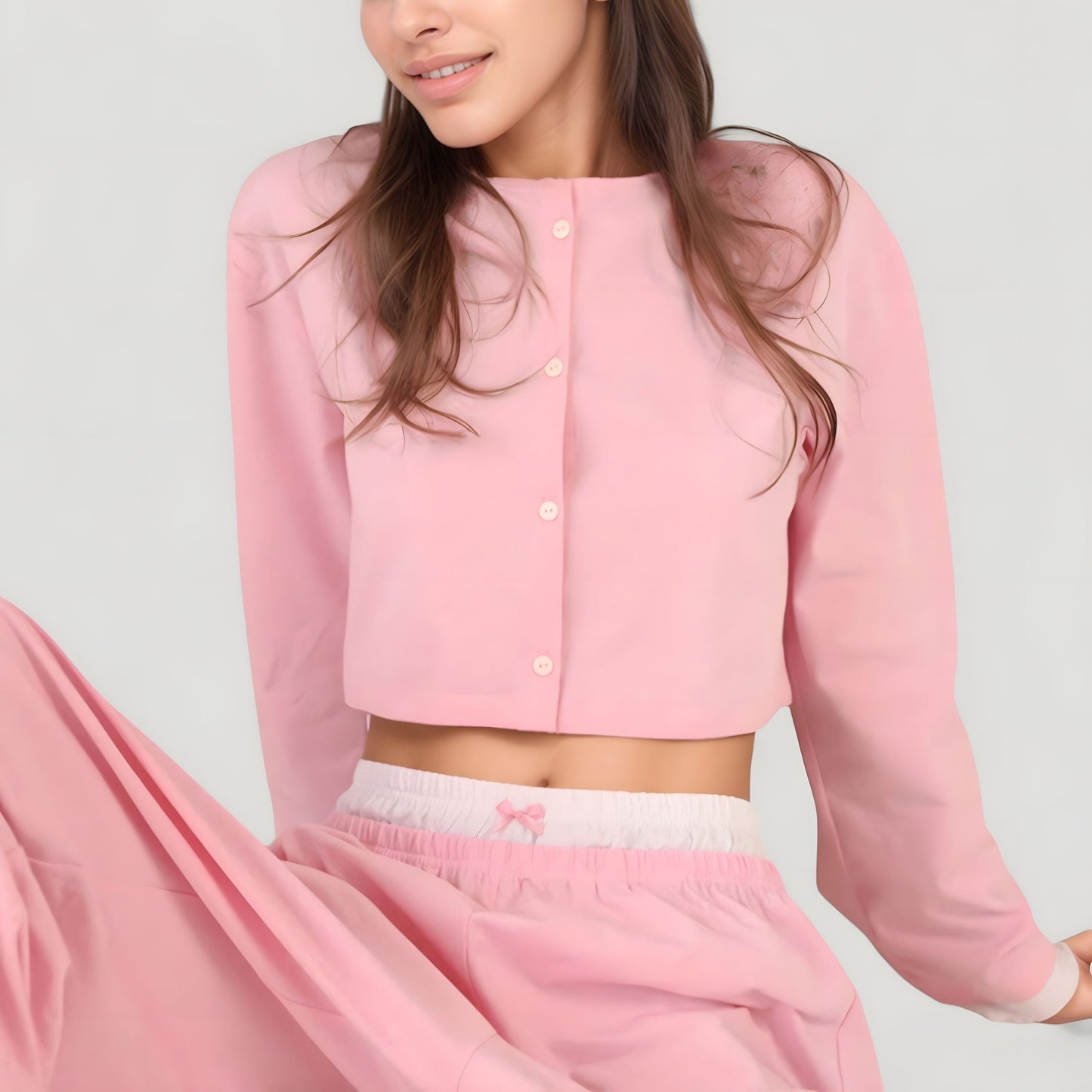 Anna-Kaci Lounge Women's Cropped Button-Up Long Sleeve Pajama Set with Contrast Trim and Wide Leg Pants