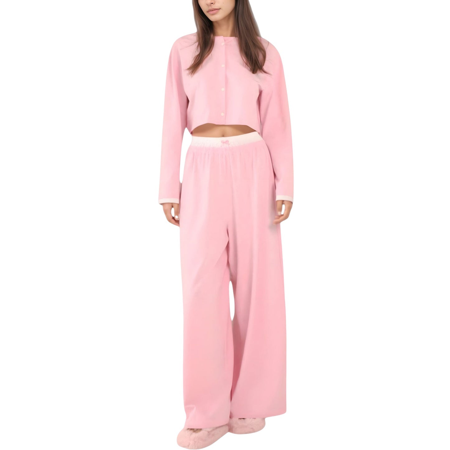 Anna-Kaci Lounge Women's Cropped Button-Up Long Sleeve Pajama Set with Contrast Trim and Wide Leg Pants