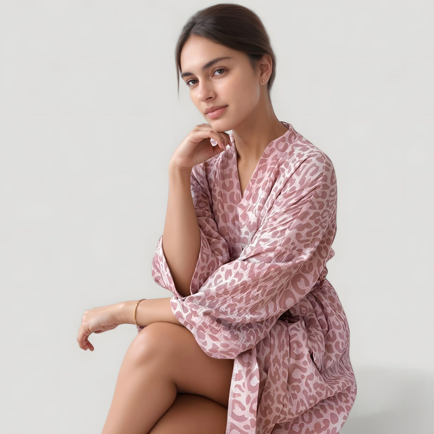 Anna-Kaci Lounge Women's Woven Leopard Print Bath Robe with Waist Tie and Wide Sleeves