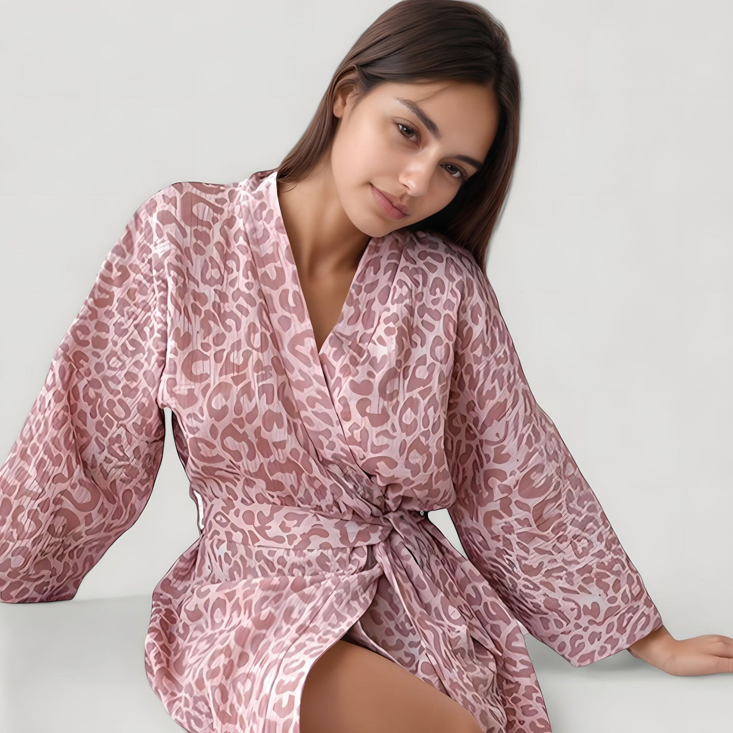 Anna-Kaci Lounge Women's Woven Leopard Print Bath Robe with Waist Tie and Wide Sleeves