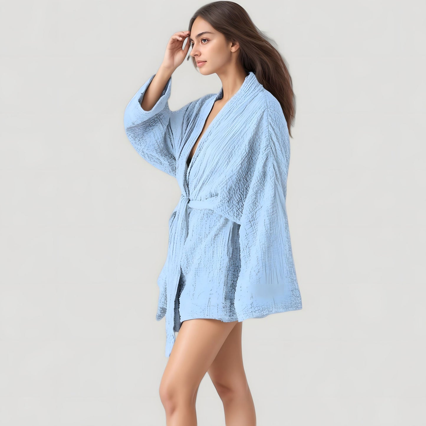 Anna-Kaci Lounge Women's Woven Textured Bath Robe with Waist Tie and Wide Sleeves