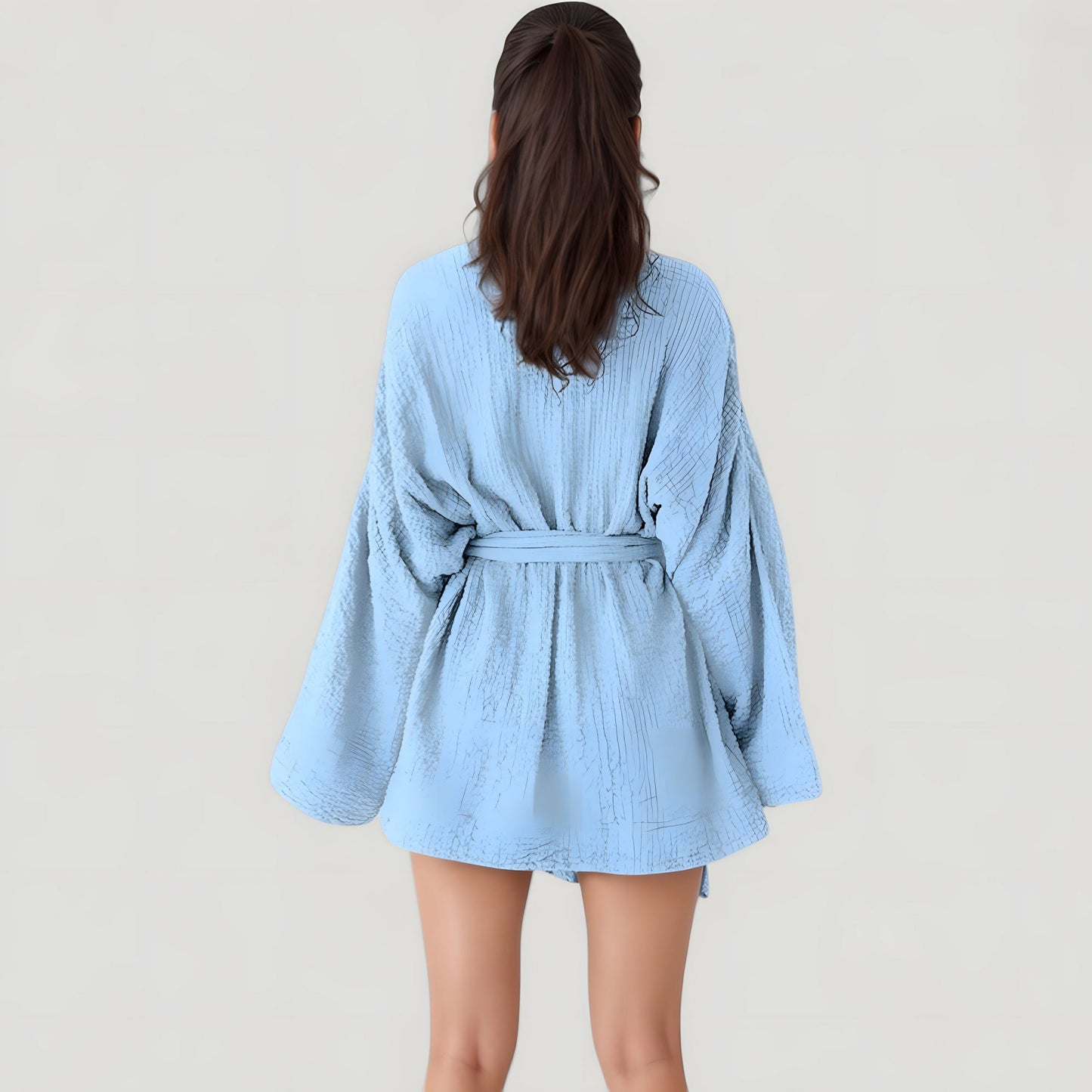 Anna-Kaci Lounge Women's Woven Textured Bath Robe with Waist Tie and Wide Sleeves