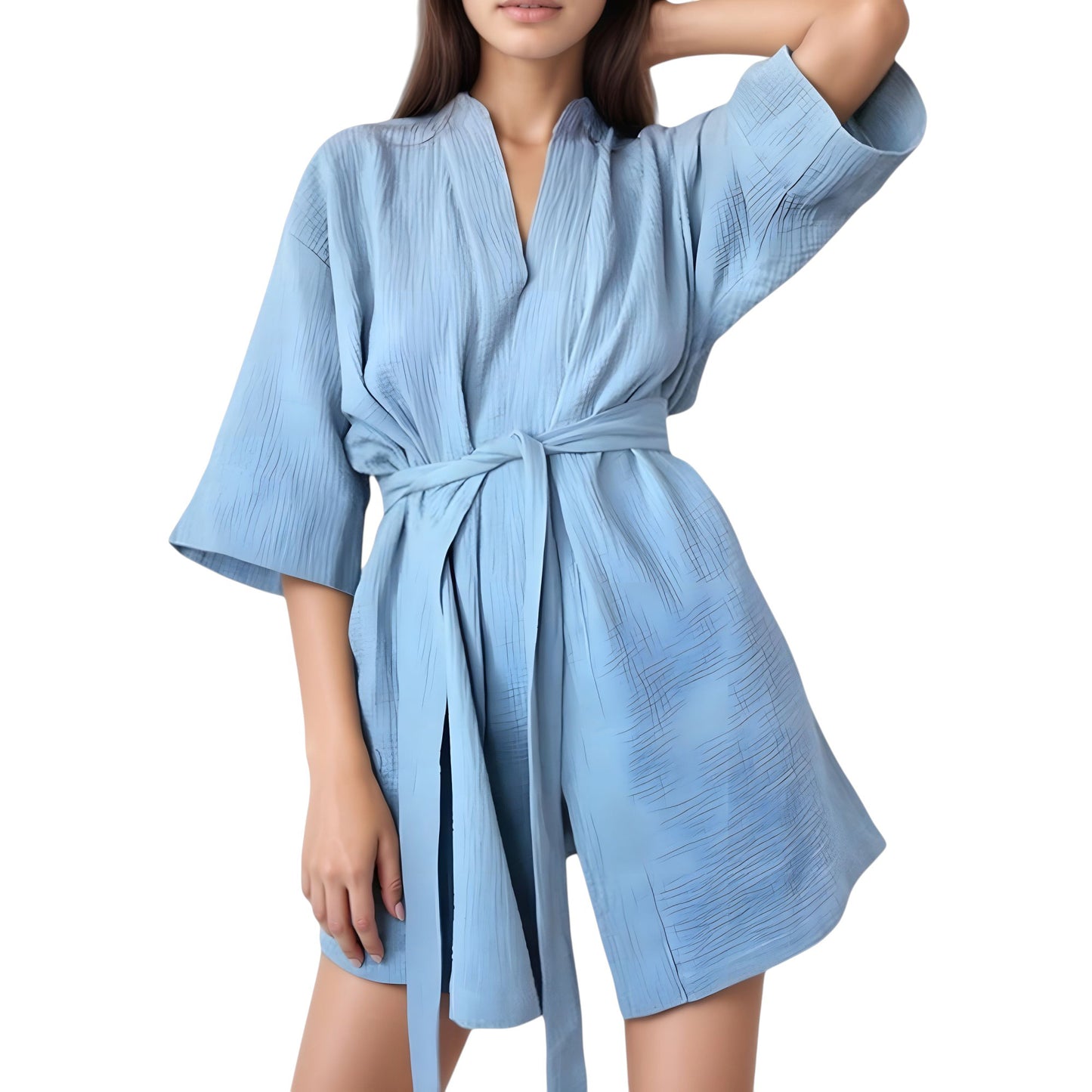 Anna-Kaci Lounge Women's Woven Textured Bath Robe with Waist Tie and Wide Sleeves