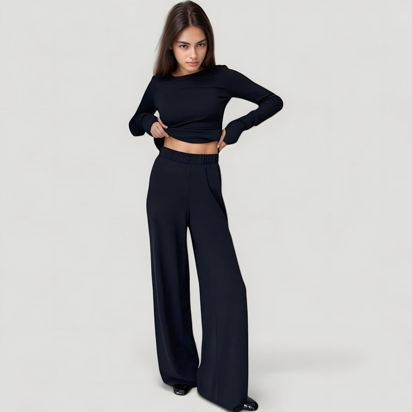 Anna-Kaci Lounge Women's Long Sleeve Woven Pajama Set with Fitted Crew Neck Top and Wide Leg Pants