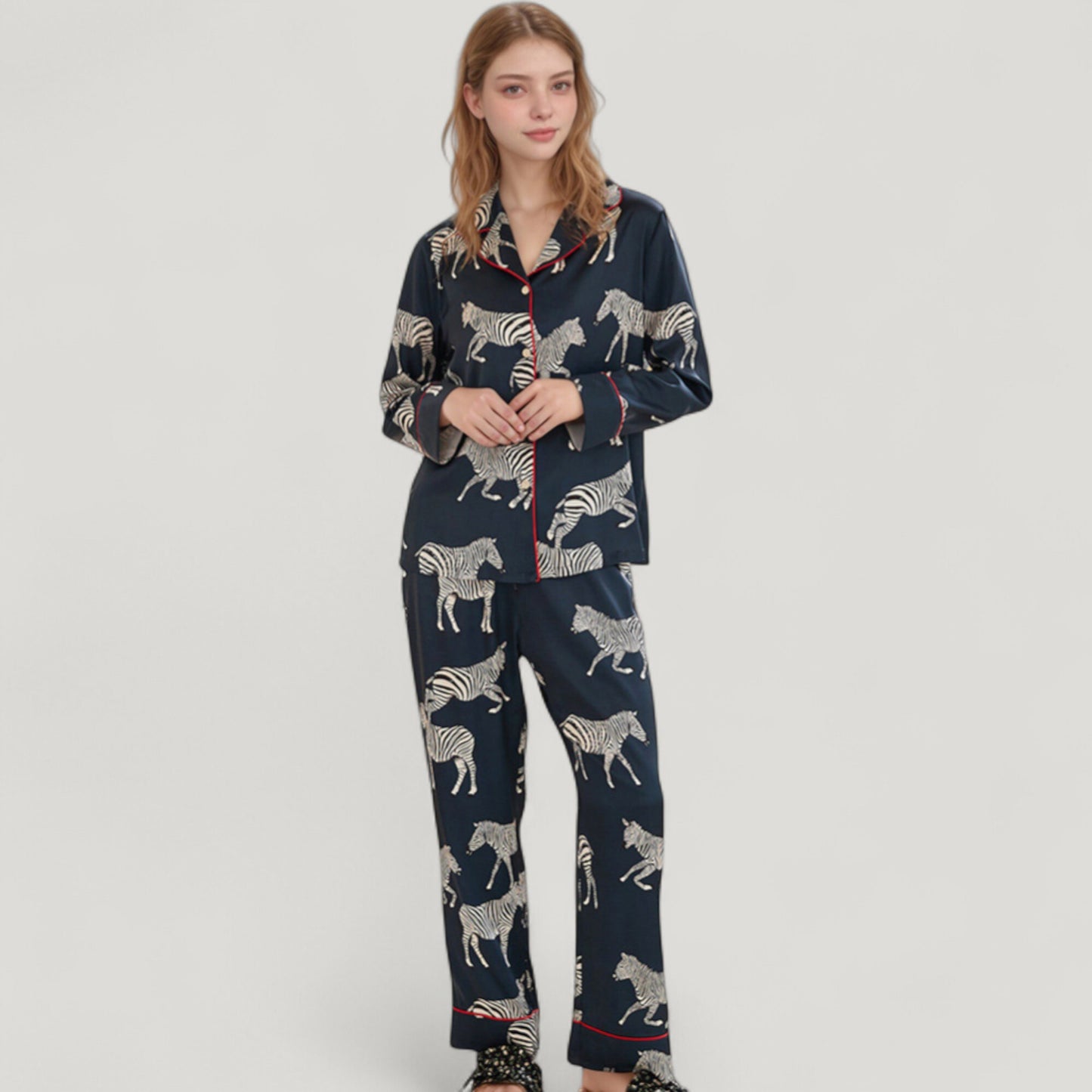 Anna-Kaci Lounge Women's Satin Zebra Print Pajama Set with Long Sleeve Button Up Shirt and Matching Relaxed Fit Pants