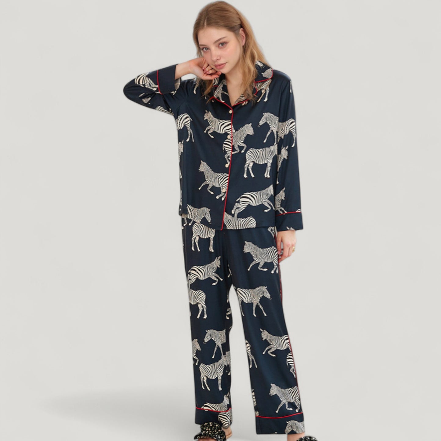 Anna-Kaci Lounge Women's Satin Zebra Print Pajama Set with Long Sleeve Button Up Shirt and Matching Relaxed Fit Pants