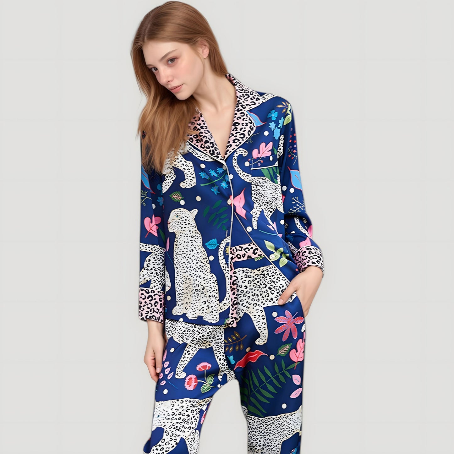 Anna-Kaci Lounge Women's Satin Leopard and Botanical Print Pajama Set with Button Up Long Sleeve Shirt and Relaxed Fit Pants