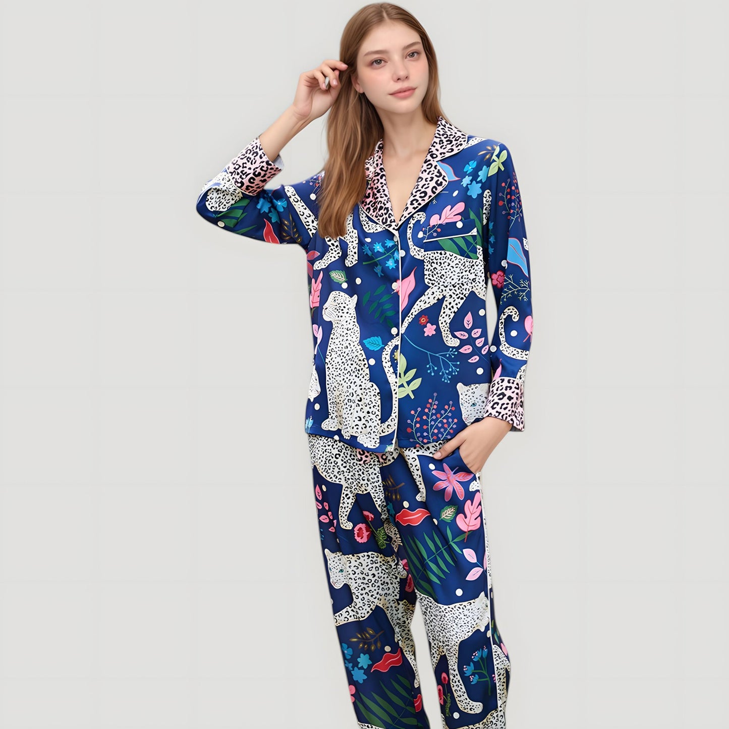 Anna-Kaci Lounge Women's Satin Leopard and Botanical Print Pajama Set with Button Up Long Sleeve Shirt and Relaxed Fit Pants