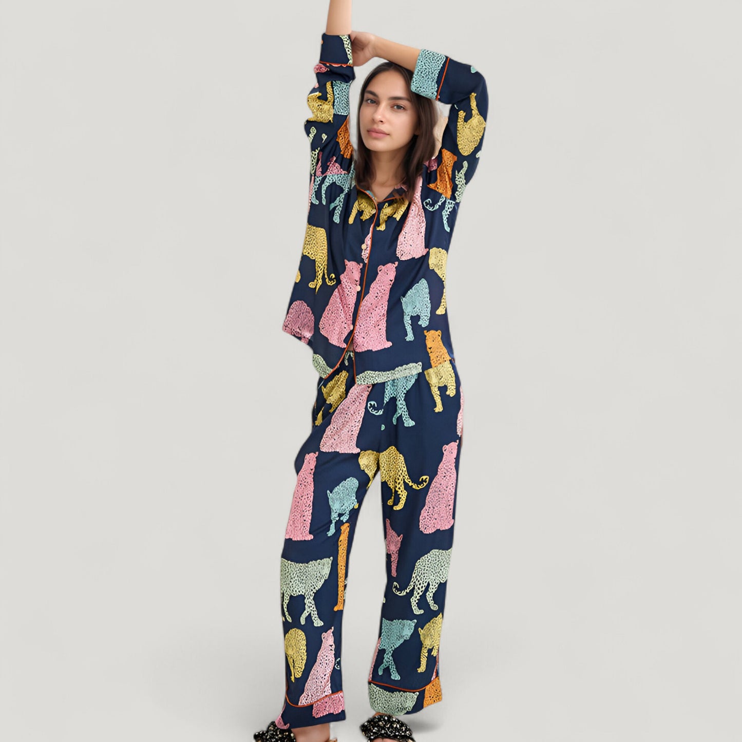 Anna-Kaci Lounge Women's Satin Multicolor Leopard Print Pajama Set with Button Up Long Sleeve Shirt and Relaxed Fit Pants