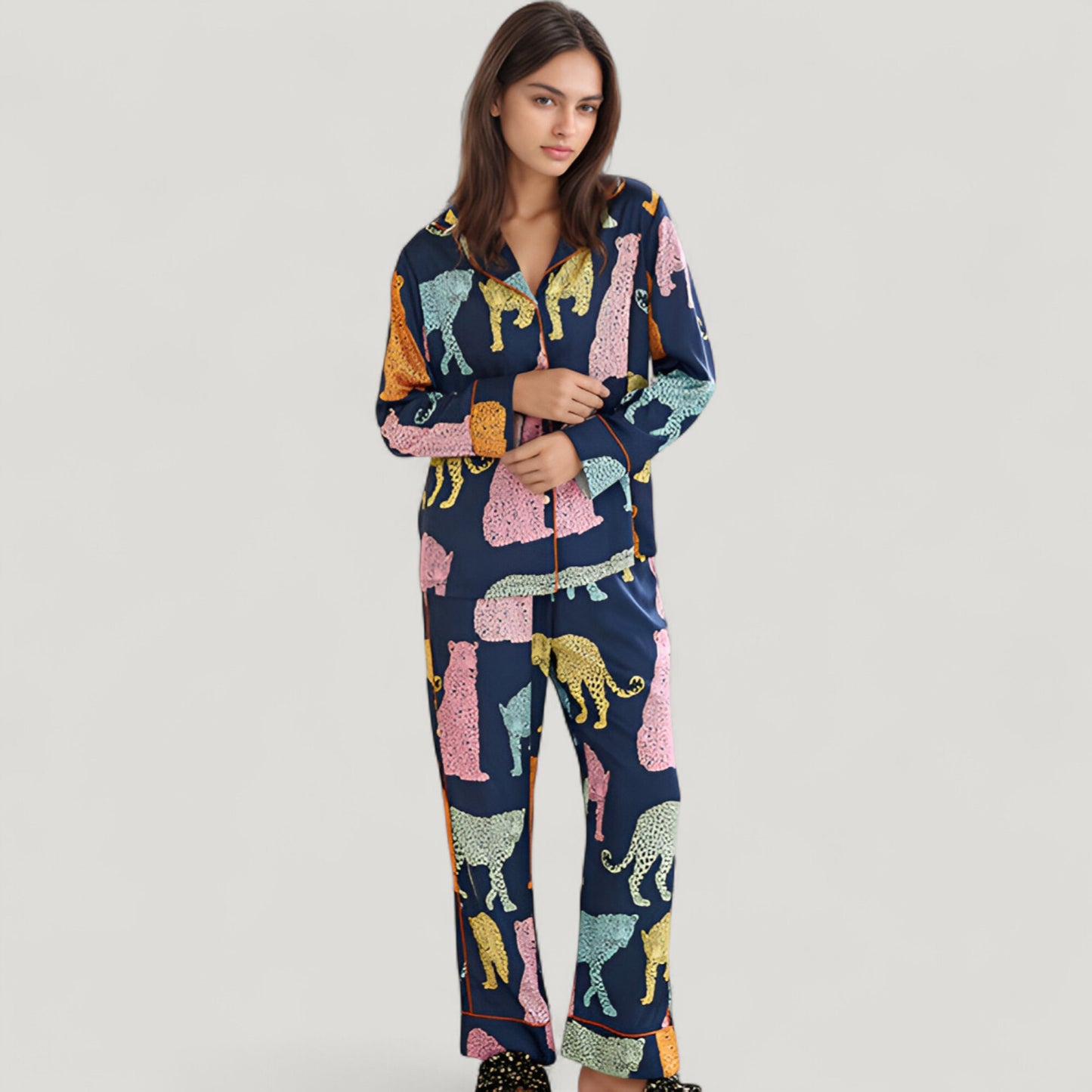 Anna-Kaci Lounge Women's Satin Multicolor Leopard Print Pajama Set with Button Up Long Sleeve Shirt and Relaxed Fit Pants