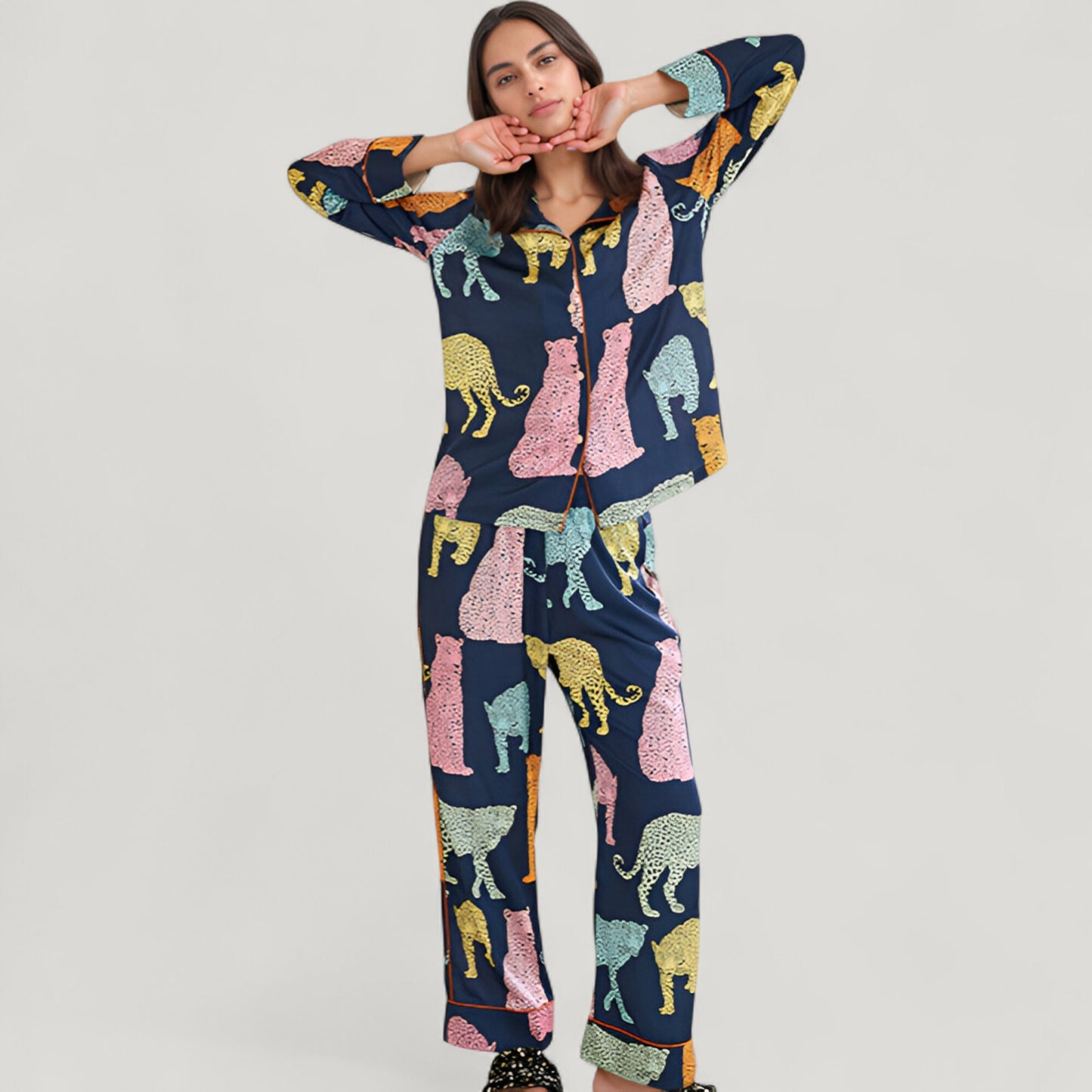 Anna-Kaci Lounge Women's Satin Multicolor Leopard Print Pajama Set with Button Up Long Sleeve Shirt and Relaxed Fit Pants