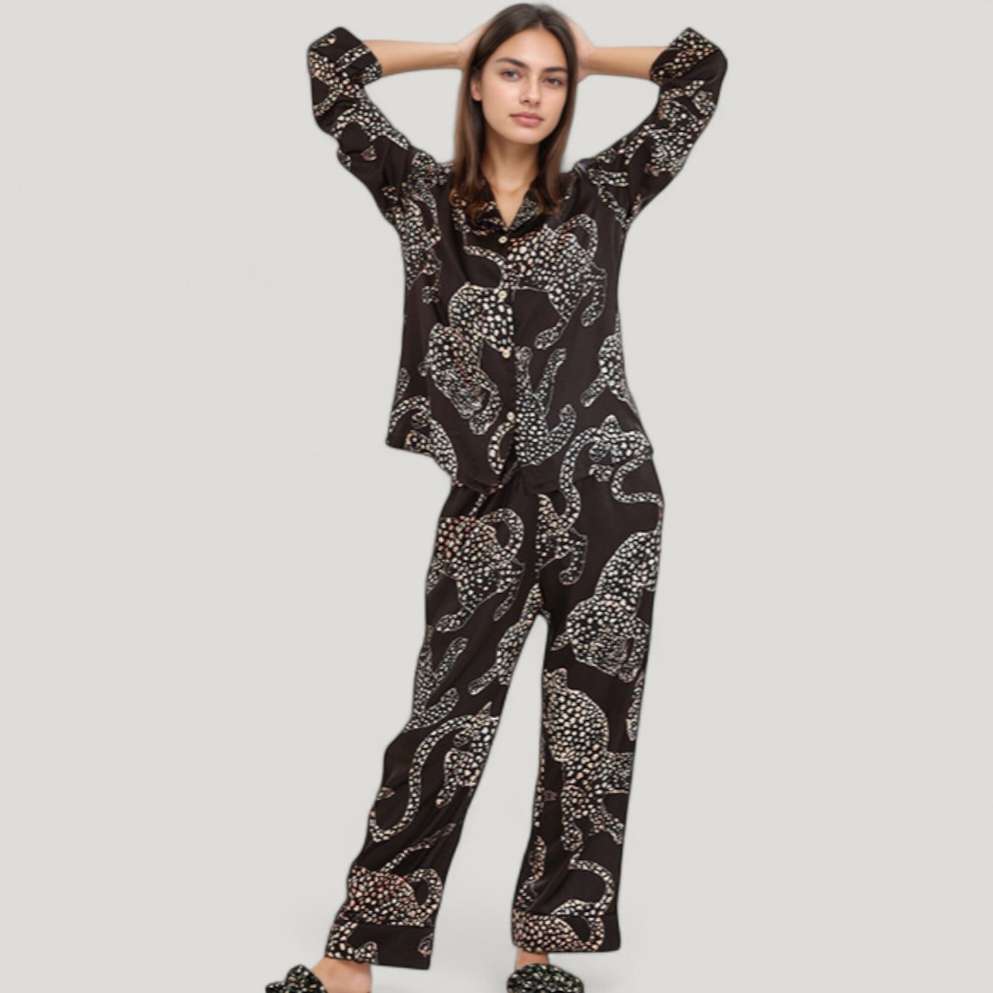 Anna-Kaci Lounge Women's Animal Print Woven Pajama Set with Button Front Long Sleeve Top and Relaxed Fit Pants