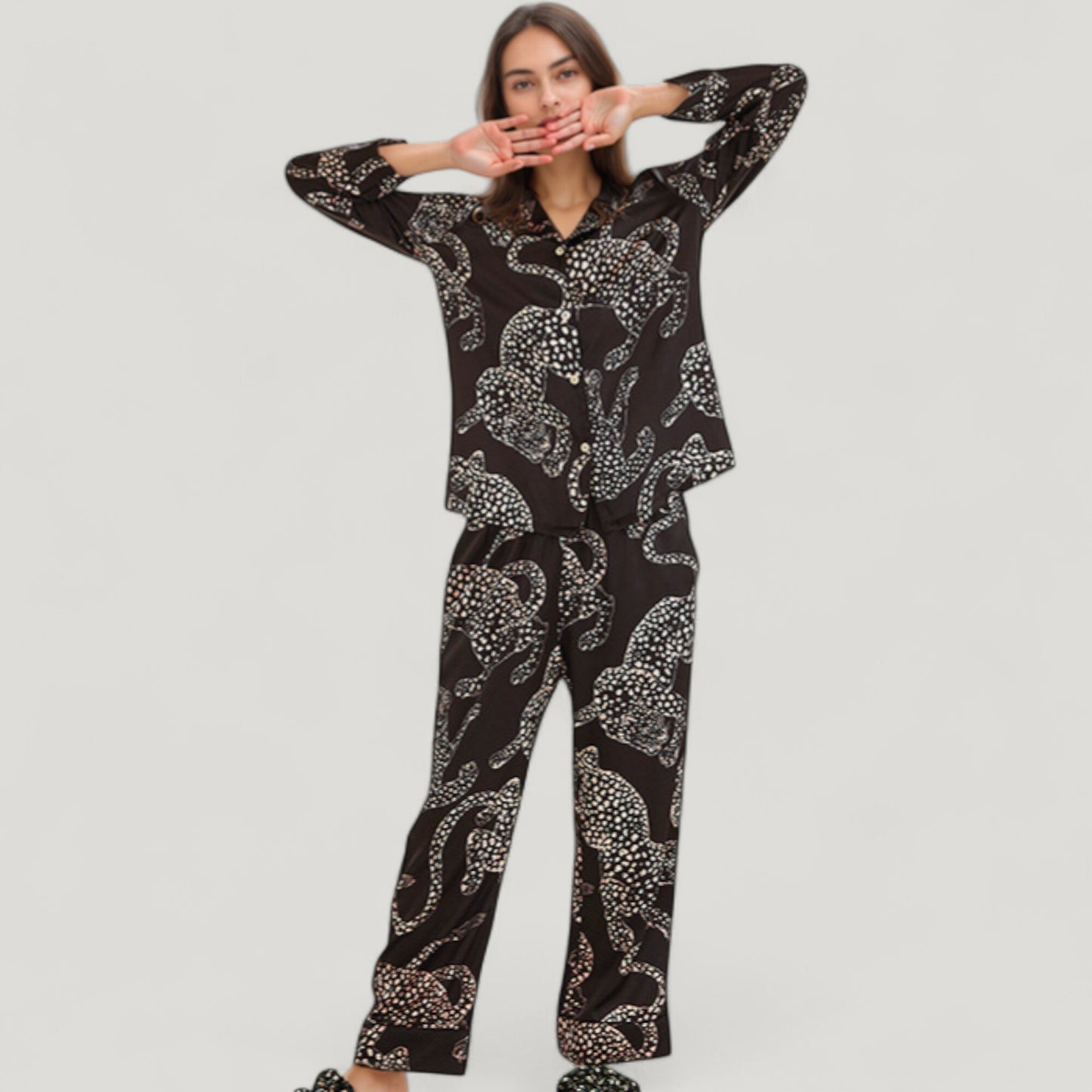 Anna-Kaci Lounge Women's Animal Print Woven Pajama Set with Button Front Long Sleeve Top and Relaxed Fit Pants