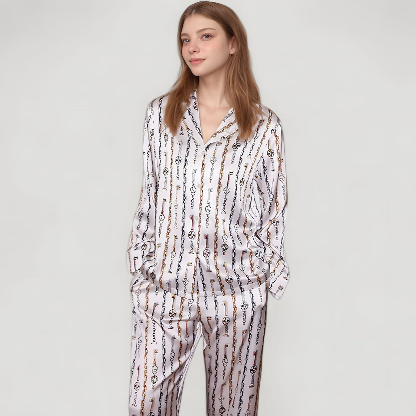 Anna-Kaci Lounge Women's Key and Chain Print Woven Pajama Set with Button Down Long Sleeve Top and Relaxed Fit Pants