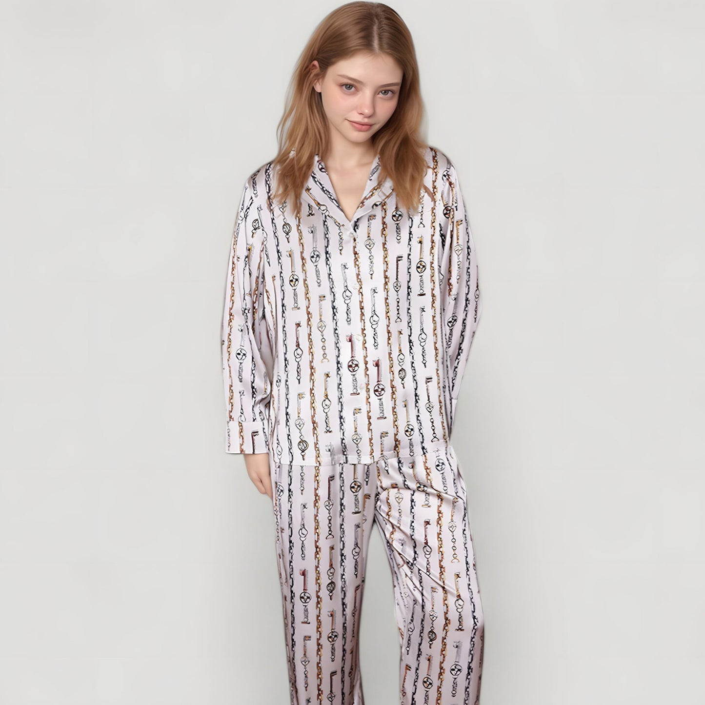 Anna-Kaci Lounge Women's Key and Chain Print Woven Pajama Set with Button Down Long Sleeve Top and Relaxed Fit Pants