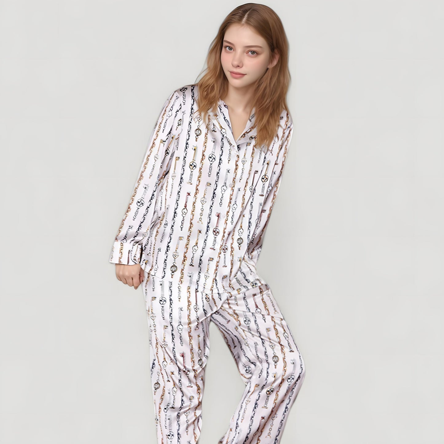 Anna-Kaci Lounge Women's Key and Chain Print Woven Pajama Set with Button Down Long Sleeve Top and Relaxed Fit Pants