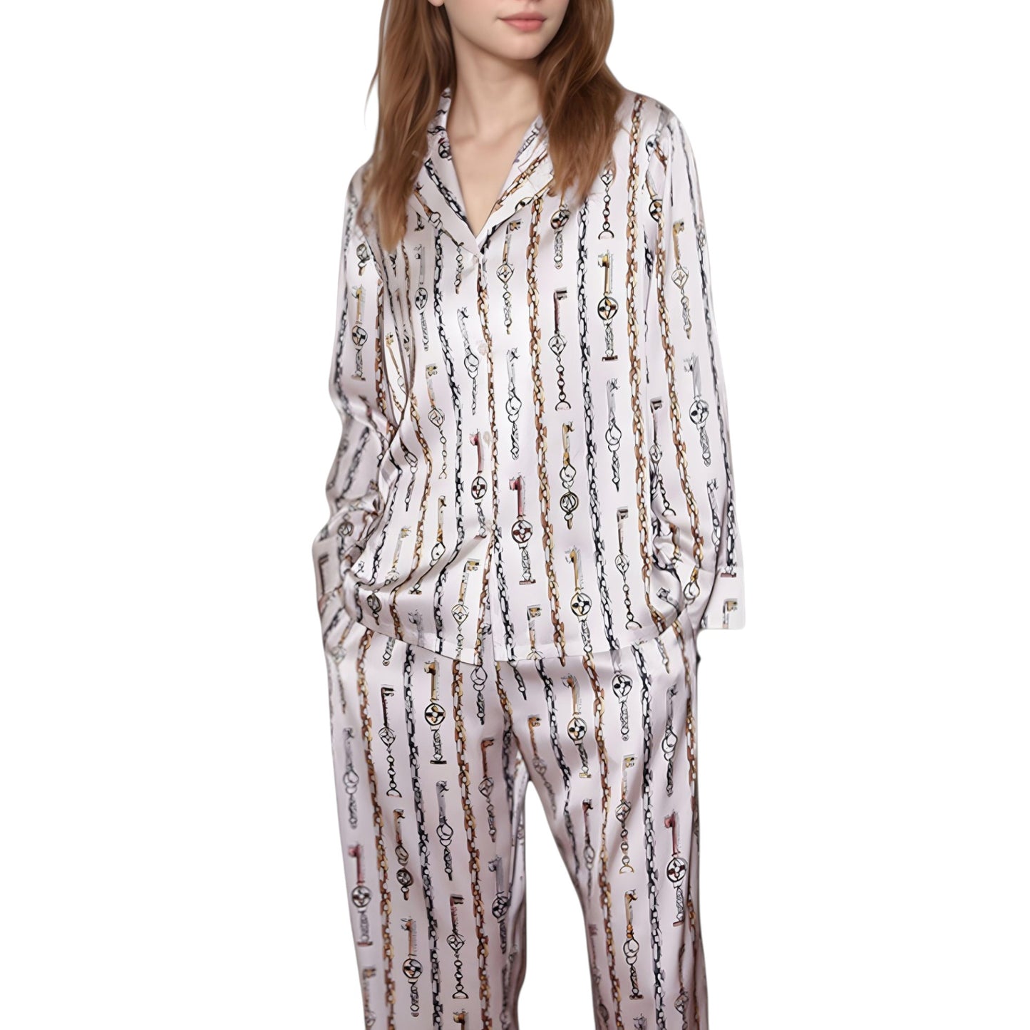 Anna-Kaci Lounge Women's Key and Chain Print Woven Pajama Set with Button Down Long Sleeve Top and Relaxed Fit Pants