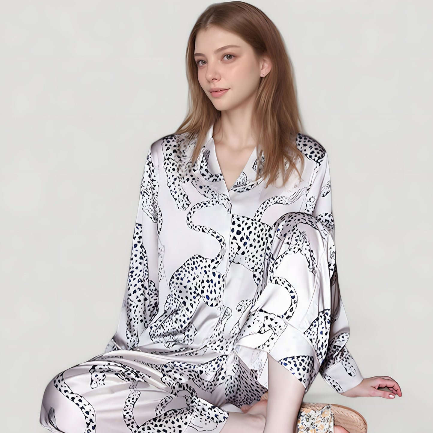 Anna-Kaci Lounge Women's Cheetah Print Woven Pajama Set with Long Sleeve Button Down Top and Relaxed Fit Straight Leg Pants