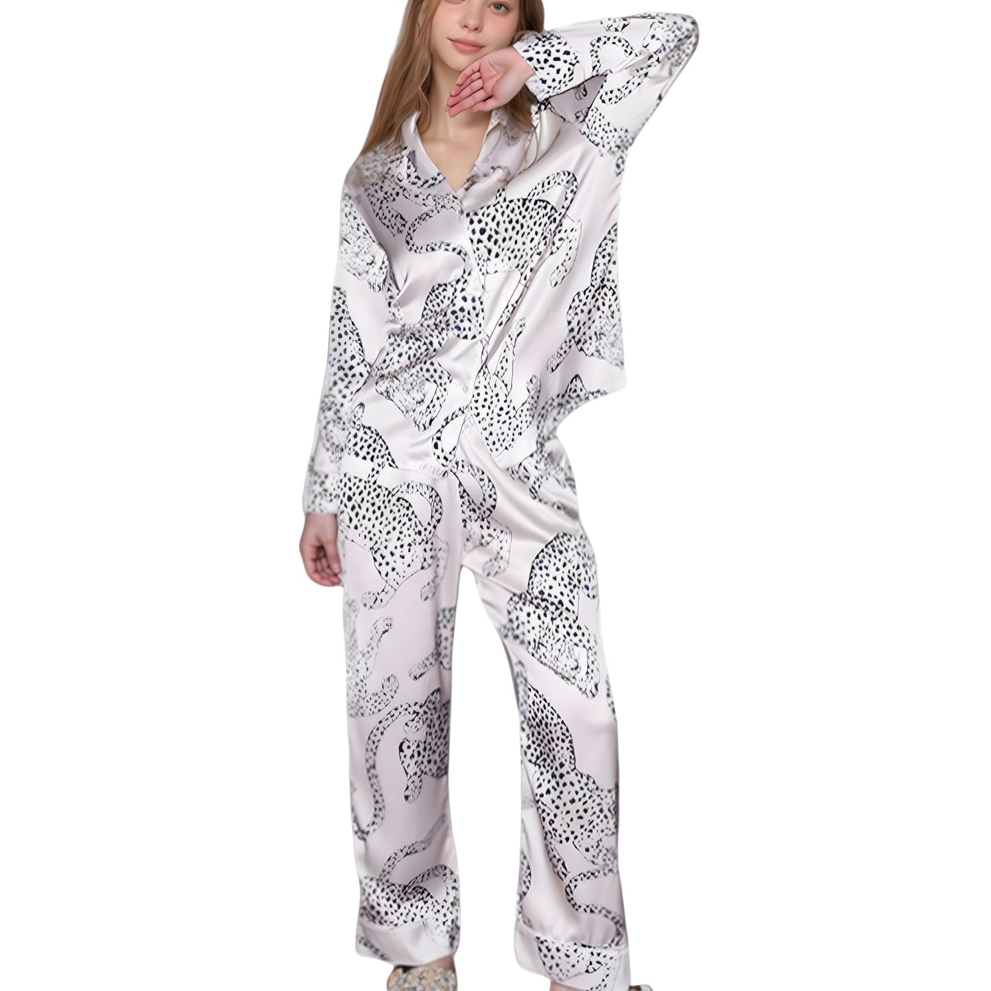 Anna-Kaci Lounge Women's Cheetah Print Woven Pajama Set with Long Sleeve Button Down Top and Relaxed Fit Straight Leg Pants