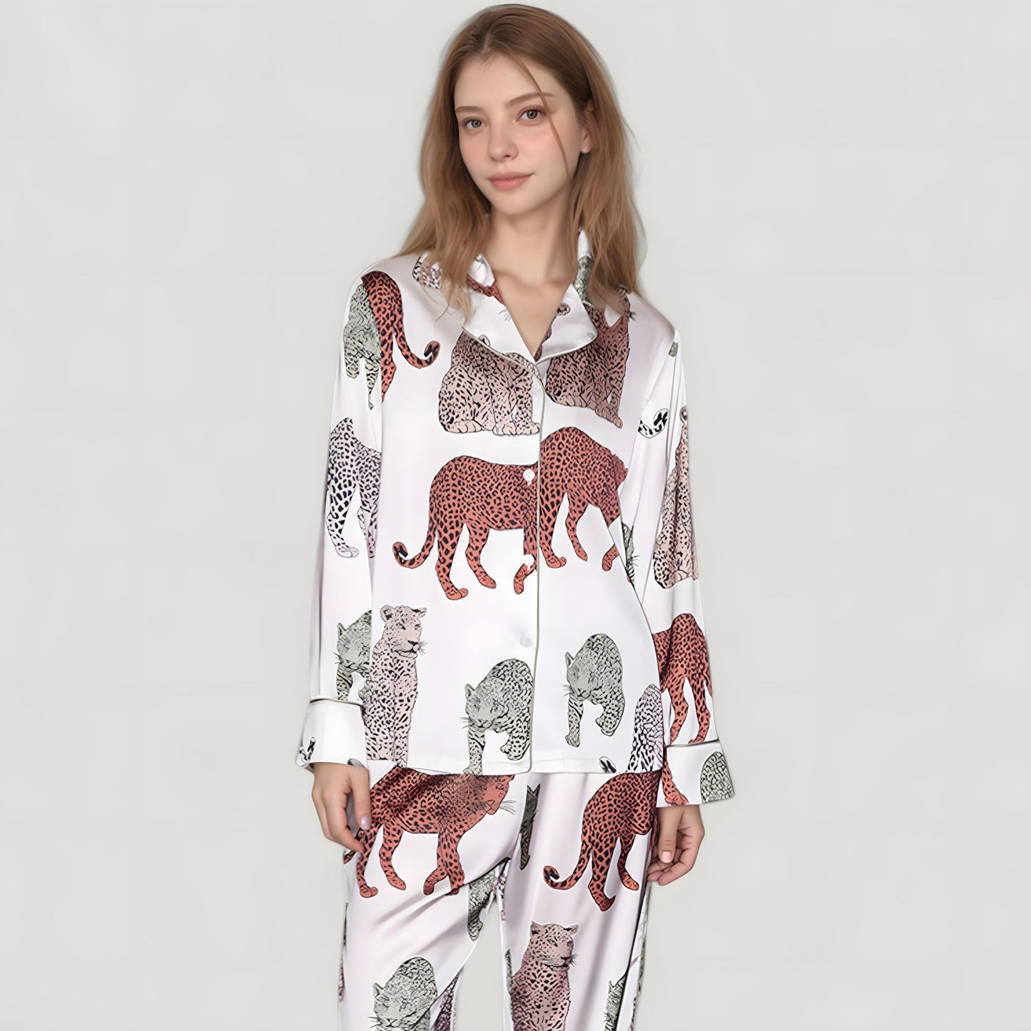 Anna-Kaci Lounge Women's Multicolored Leopard Print Pajama Set with Long Sleeve Notch Collar Top and Relaxed Straight Leg Bottoms