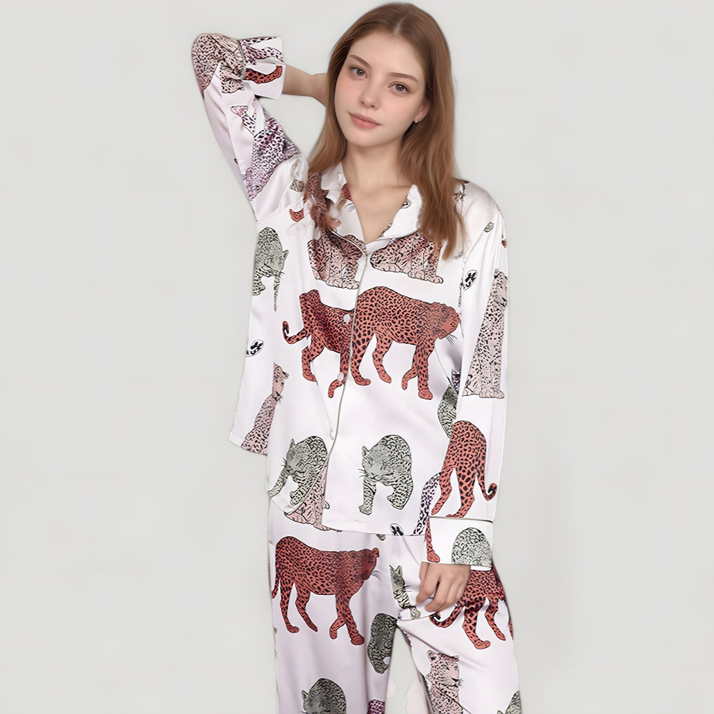 Anna-Kaci Lounge Women's Multicolored Leopard Print Pajama Set with Long Sleeve Notch Collar Top and Relaxed Straight Leg Bottoms