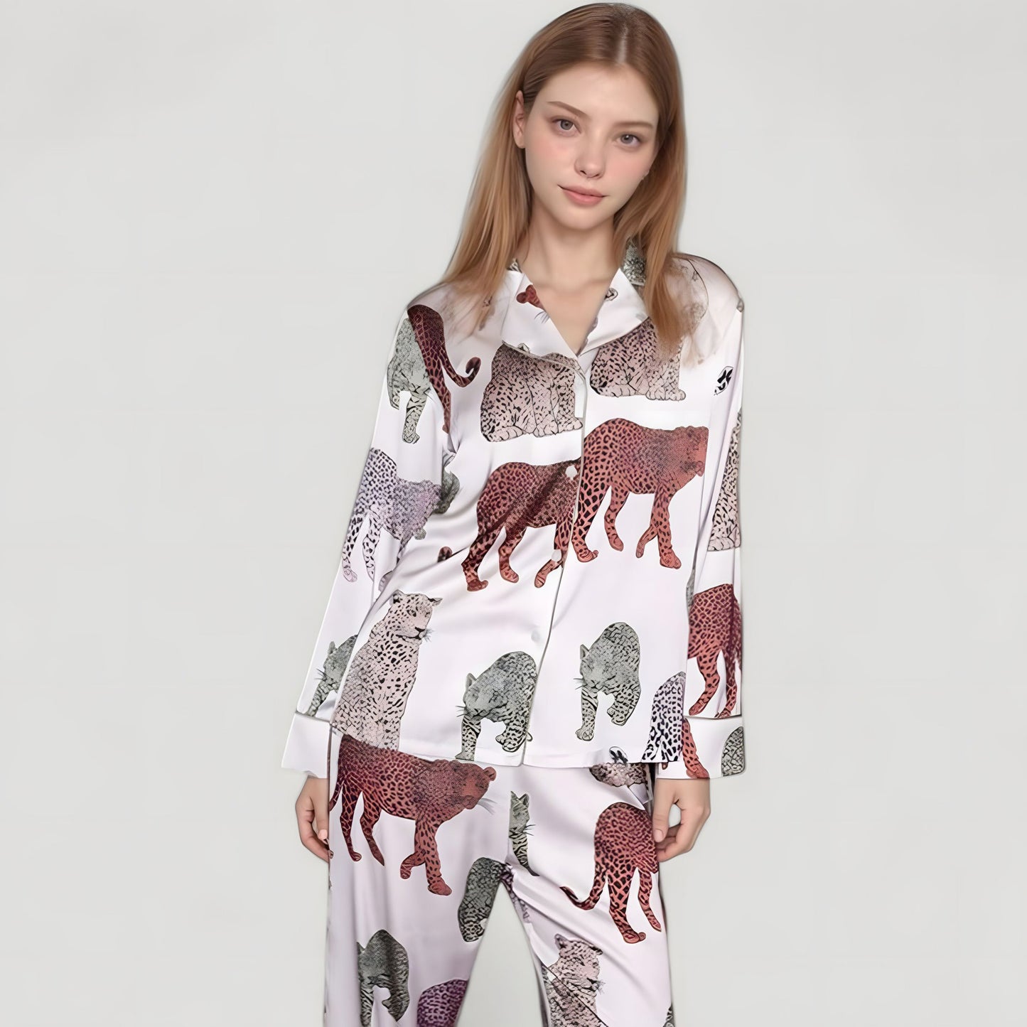 Anna-Kaci Lounge Women's Multicolored Leopard Print Pajama Set with Long Sleeve Notch Collar Top and Relaxed Straight Leg Bottoms