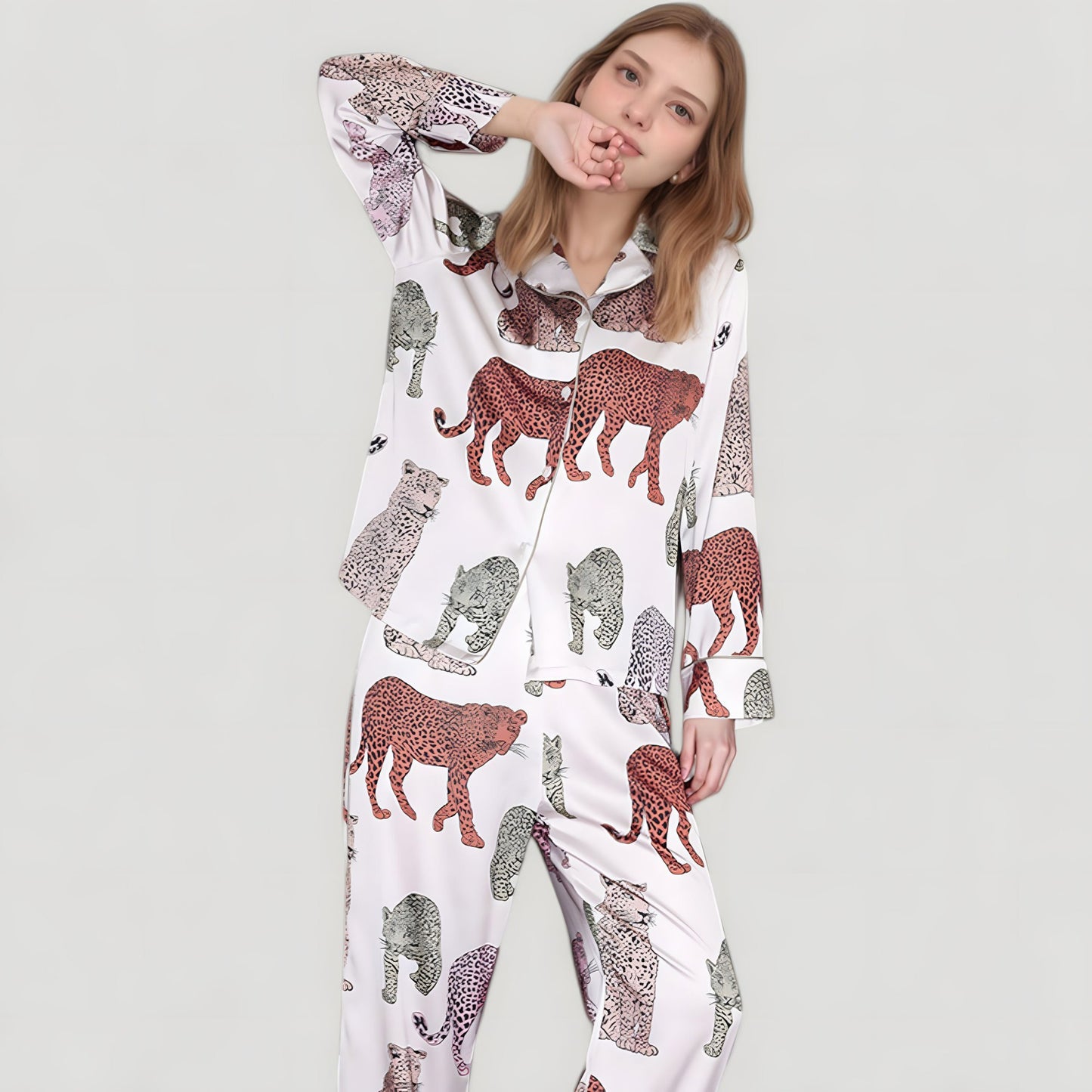 Anna-Kaci Lounge Women's Multicolored Leopard Print Pajama Set with Long Sleeve Notch Collar Top and Relaxed Straight Leg Bottoms