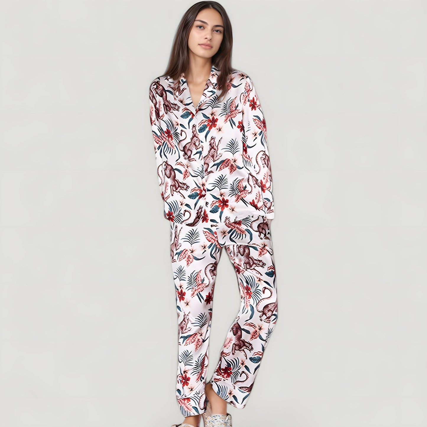 Anna-Kaci Lounge Women's Jungle Animal and Floral Pajama Set with Long Sleeve Notch Collar Button Down Top and Relaxed Woven Pants