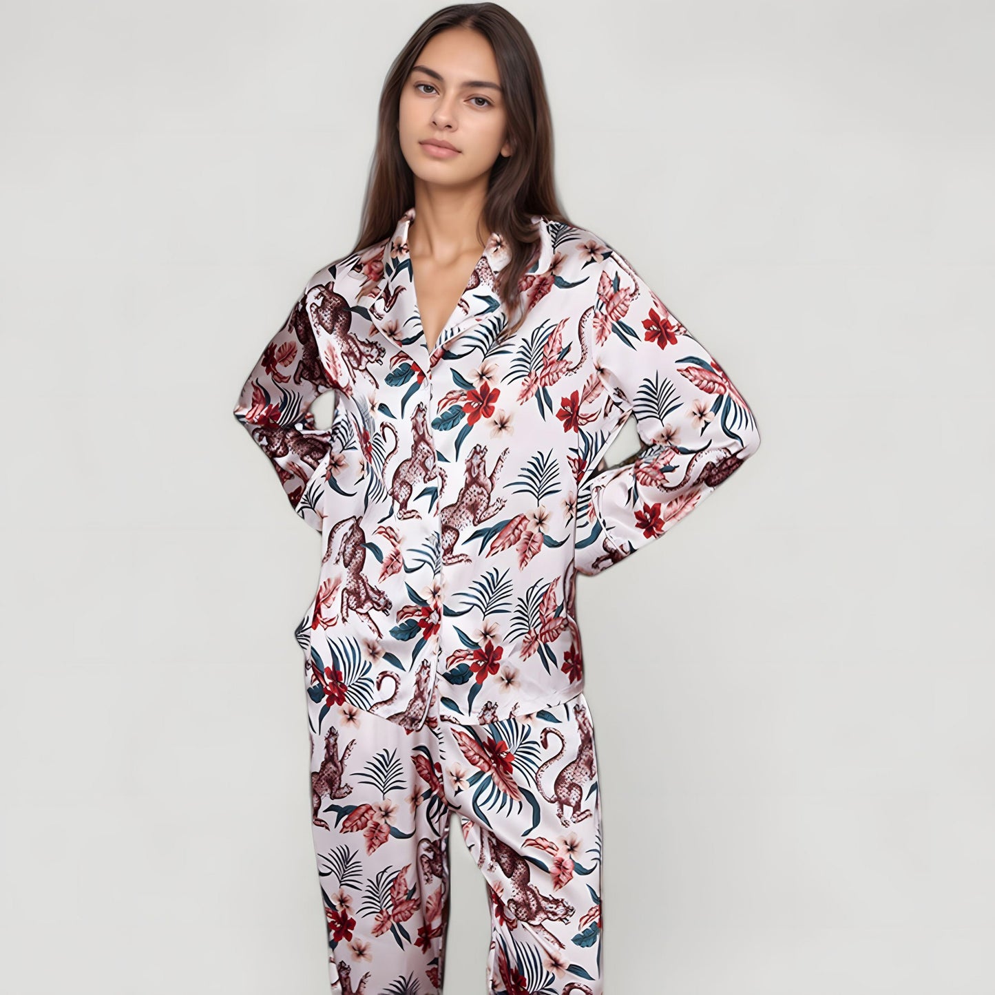 Anna-Kaci Lounge Women's Jungle Animal and Floral Pajama Set with Long Sleeve Notch Collar Button Down Top and Relaxed Woven Pants