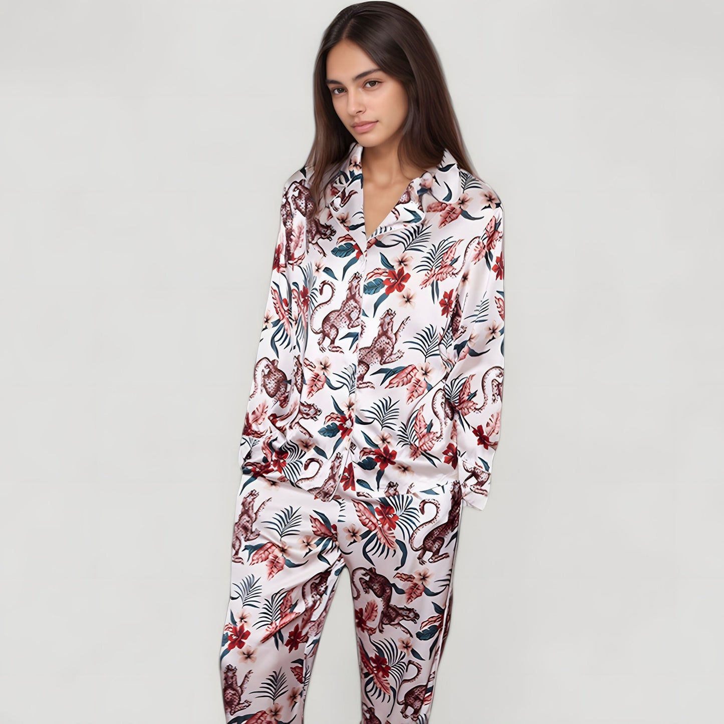Anna-Kaci Lounge Women's Jungle Animal and Floral Pajama Set with Long Sleeve Notch Collar Button Down Top and Relaxed Woven Pants