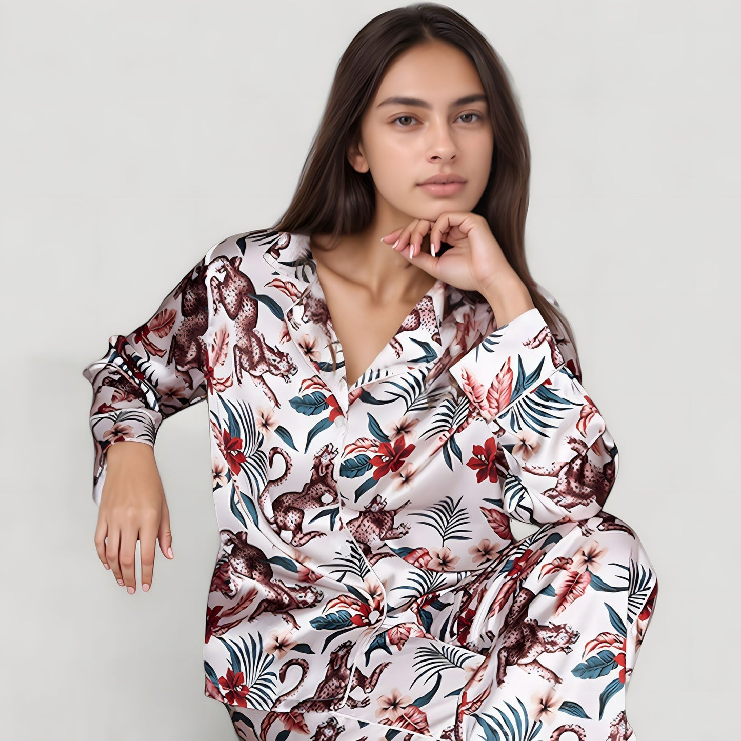 Anna-Kaci Lounge Women's Jungle Animal and Floral Pajama Set with Long Sleeve Notch Collar Button Down Top and Relaxed Woven Pants