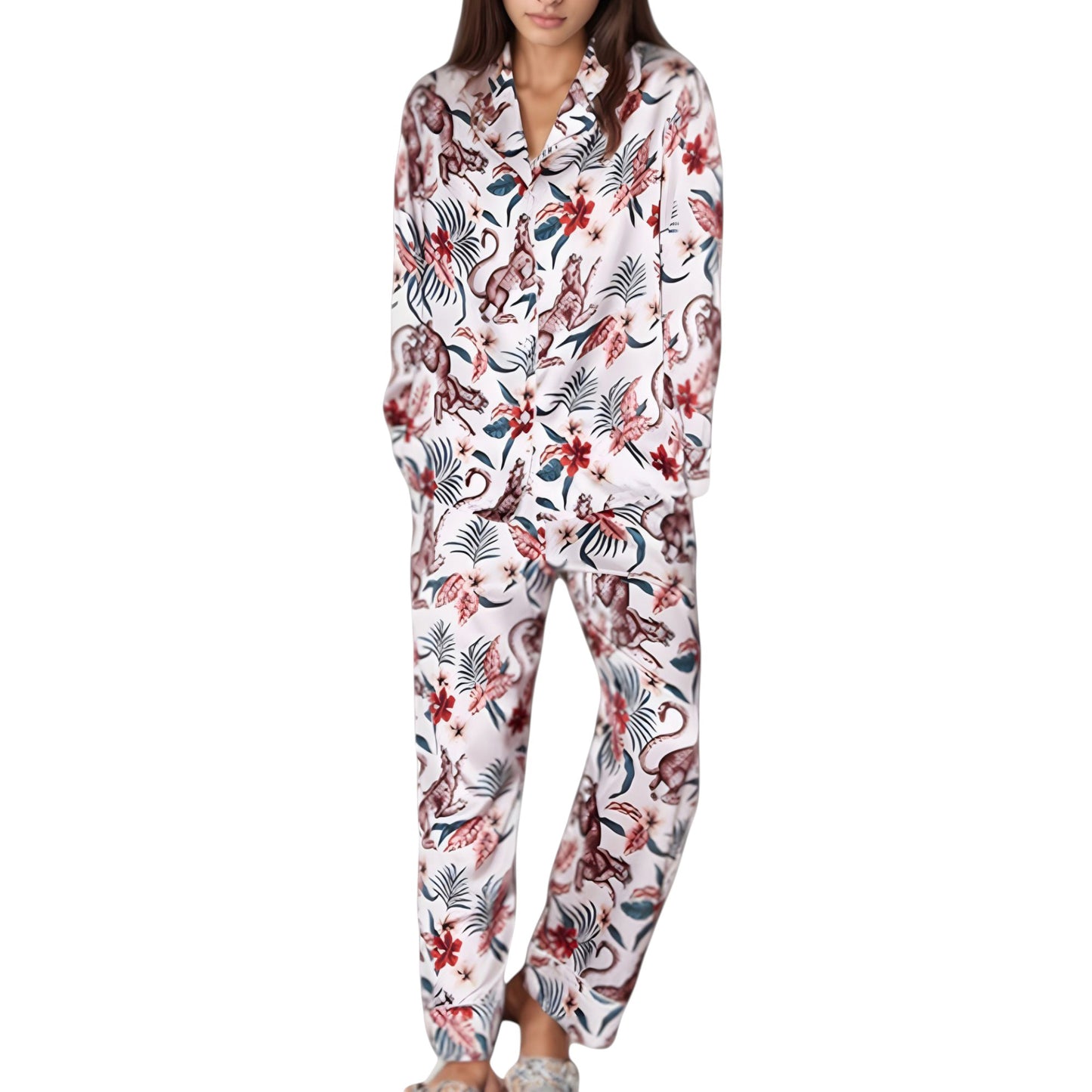 Anna-Kaci Lounge Women's Jungle Animal and Floral Pajama Set with Long Sleeve Notch Collar Button Down Top and Relaxed Woven Pants